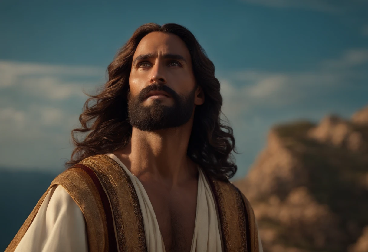 "Close-up ultra-realista em 8k de Jesus Cristo, com cabelos compridos e barba."