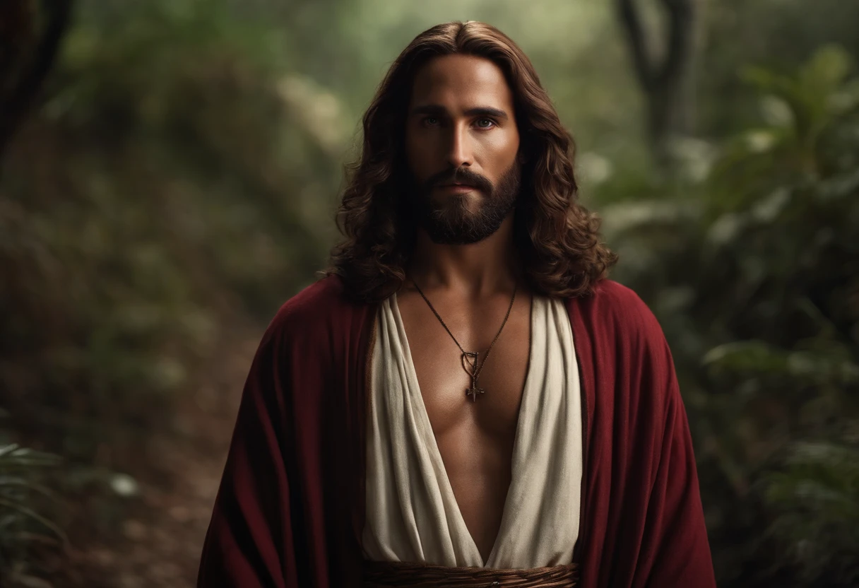 "Close-up ultra-realista em 8k de Jesus Cristo, com cabelos compridos e barba."