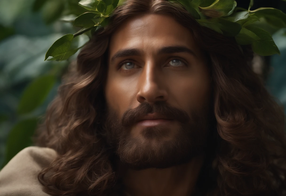 "Close-up ultra-realista em 8k de Jesus Cristo, com cabelos compridos e barba."