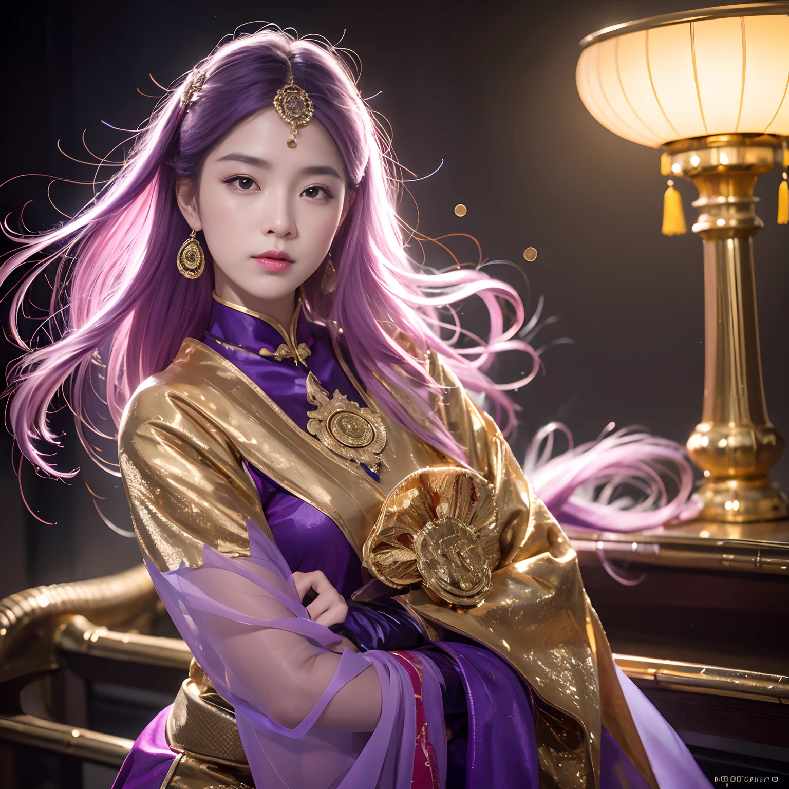 32K(tmasterpiece,k hd,hyper HD,32K)Long flowing lilac hair,Back basement,zydink, a color, Haizhou people (Raised sexy), (Burgundy silk scarf), Combat posture, looking at the ground, long whitr hair, Floating cloves, Fire cloud pattern light gold headdress, Chinese long-sleeved gold silk spacesuit, (abstract ink splash:1.2), smoky background,Lotus protector(realisticlying:1.4),lilac purple hair,Fog on the road,smoke in the background, A high resolution, the detail, RAW photogr, Sharp Re, Nikon D850 Film Stock Photo by Jefferies Lee 4 Kodak Portra 400 Camera F1.6 shots, Rich colors, ultra-realistic vivid textures, Dramatic lighting, Unreal Engine Art Station Trend, cinestir 800,Long flowing lilac hair,Light transparent clothes