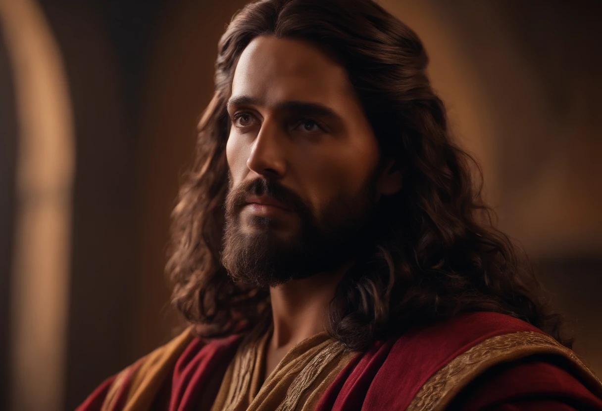 Close-up ultra-realista em 8k de Jesus Cristo, com cabelos compridos e barba.