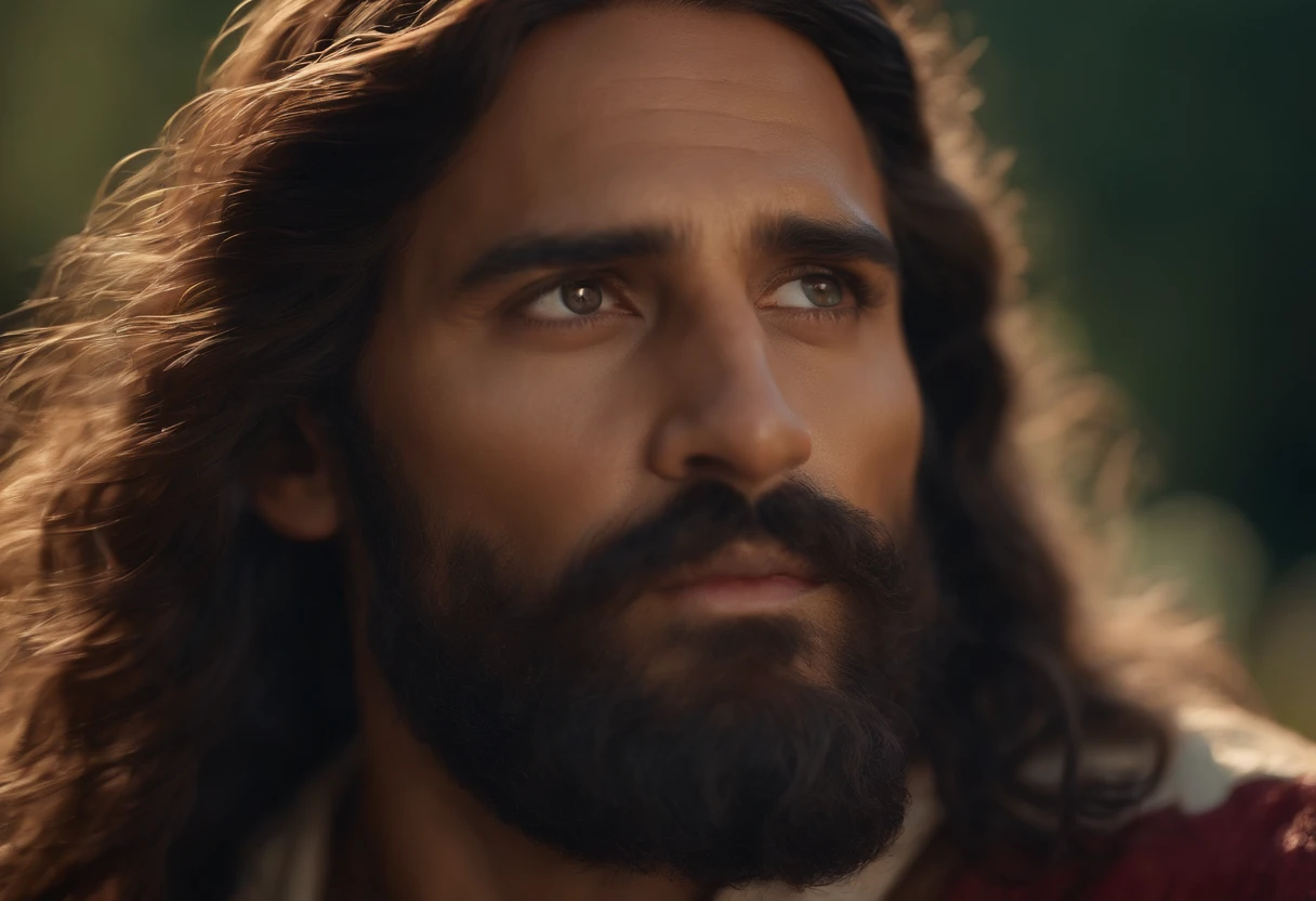 Close-up ultra-realista em 8k de Jesus Cristo, com cabelos compridos e barba.