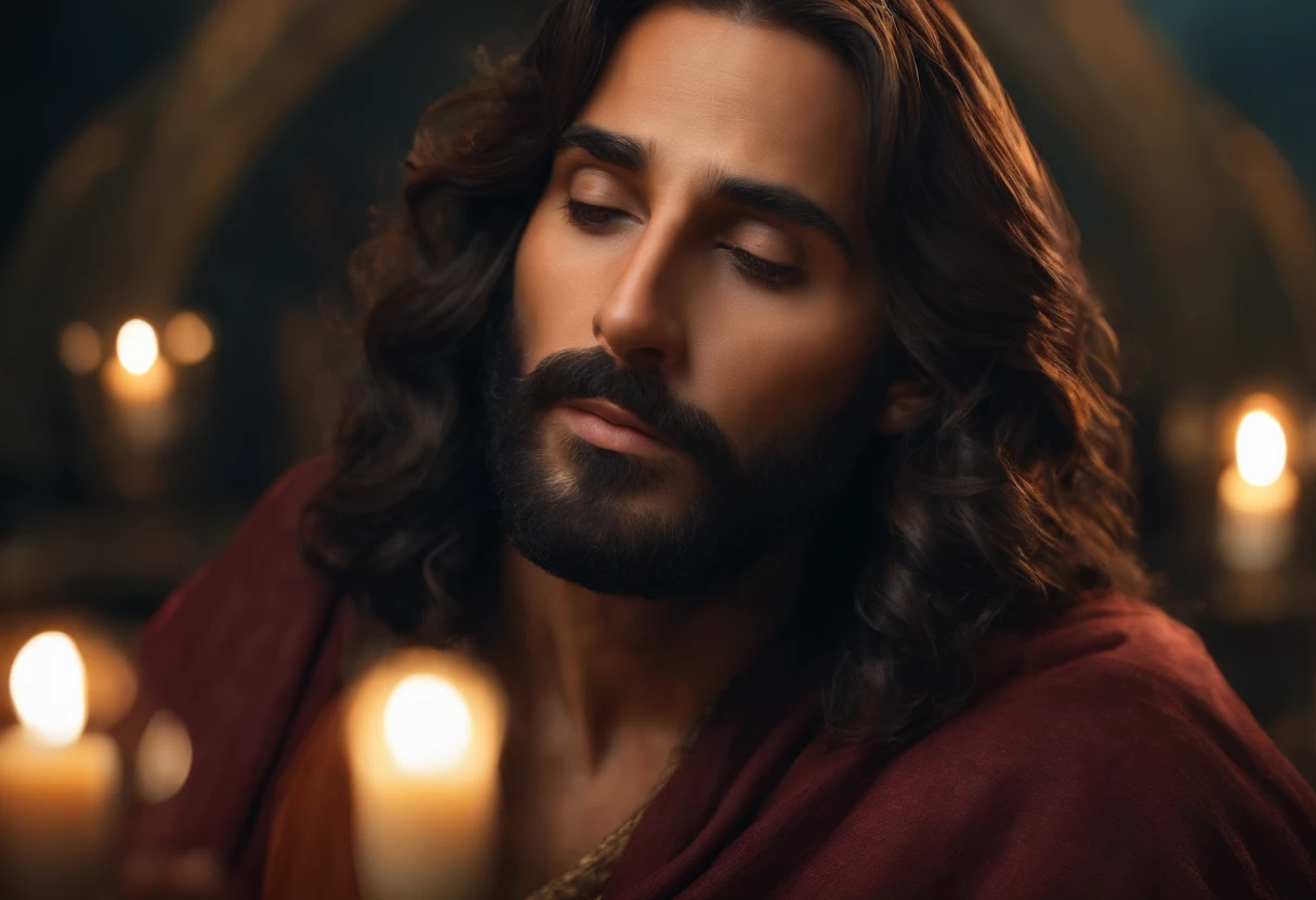 Close-up ultra-realista em 8k de Jesus Cristo, com cabelos compridos e barba.