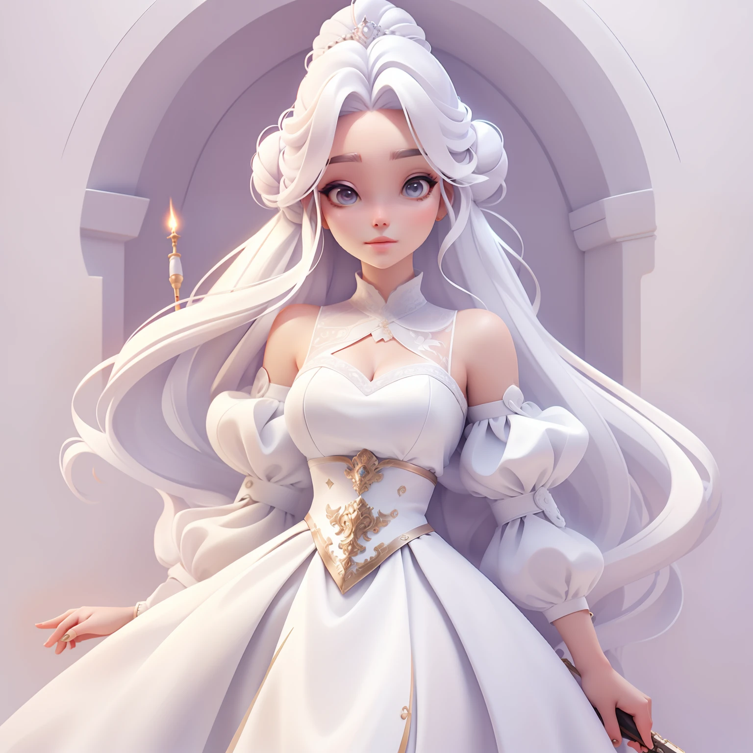 Best quality,tmasterpiece,8K, sorceress woman, voluminous hair, Hairstyles, double buns hairstyle, White princess dress with gun strap, Master parts, Best quality