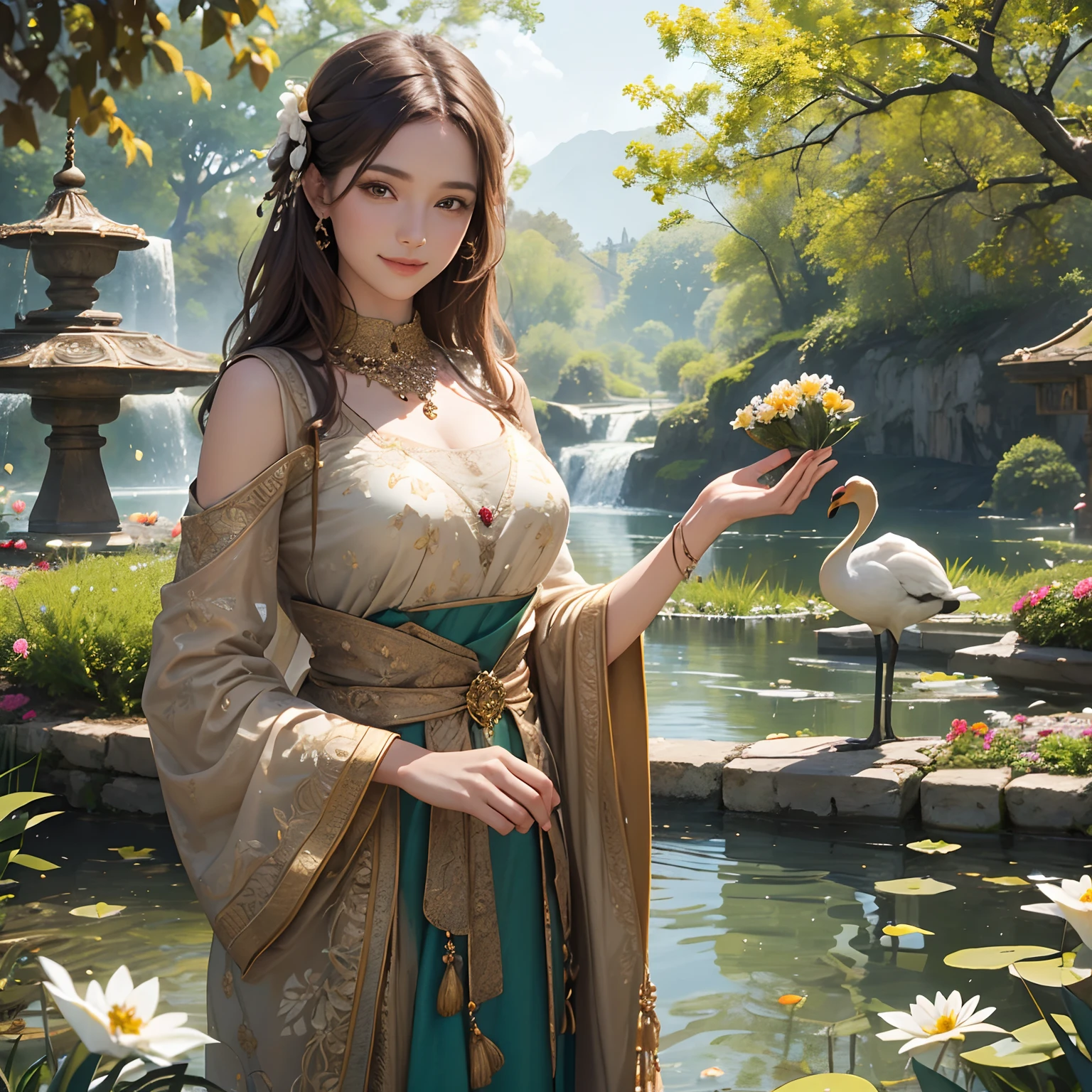 A beautiful woman standing looking to the camera with her smile, brown hair, tied up with the ornament, jewelry, in surrealism, realistic photography, a garden with beautiful autmn leaves, falling flowers, a little pond with a swan in it, 8k, wallpaper, very detailed, intricated detailed, --auto