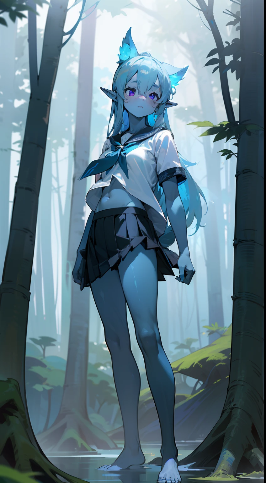 1girl water spirit,20s,solo,(((blue skin))),shy face,(((white school shirt))),(((black scholl skirt))),small tits,light blue hair,long hair,sexy pose,show navel,purple eyes,elves ears,lustrous body,barefoot,(((standing in front of a forest)))