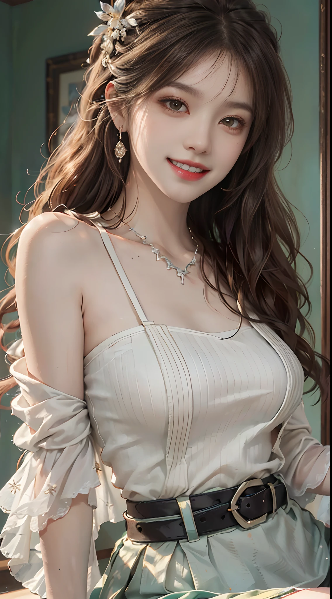 ((upper body)), ((from below)), ((realistic)), 1 Asian female model, A young girl, (Close up), (Being in the room, Sit Pose, Leaning against the dresser), Look out the window, Pleasing posture, Eye-catching poses, Detailed scenes, Coiled hair, Hairpins, Beautiful hair accessories, Brownish-yellow hair, light make-up, Blushlush, Gloss on lips, ((white hanfu, tulle shawl, Skirt, Leak one shoulder, high-waist, Nice belt)), ((warm lights, a warm color palette)), (Extremely high color saturation), Detailed details, ultra-detailliert, (tmasterpiece, best qualtiy), (An extremely delicate and beautiful work), Delicate earrings, Delicate necklace, Simple blurred background, Extreme detail description, Ultra-fine painting, Delicate face, slim toned body, Slimming the waist, (grin, happy grin, Baring teeth), (anatomy correct)