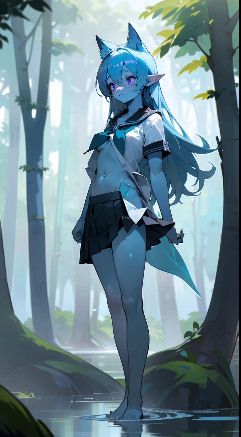 1girl water spirit,20s,solo,(((blue skin))),shy face,(((white school shirt))),(((black scholl skirt))),small tits,light blue hair,long hair,sexy pose,show navel,purple eyes,elves ears,lustrous body,barefoot,(((standing in front of a forest)))