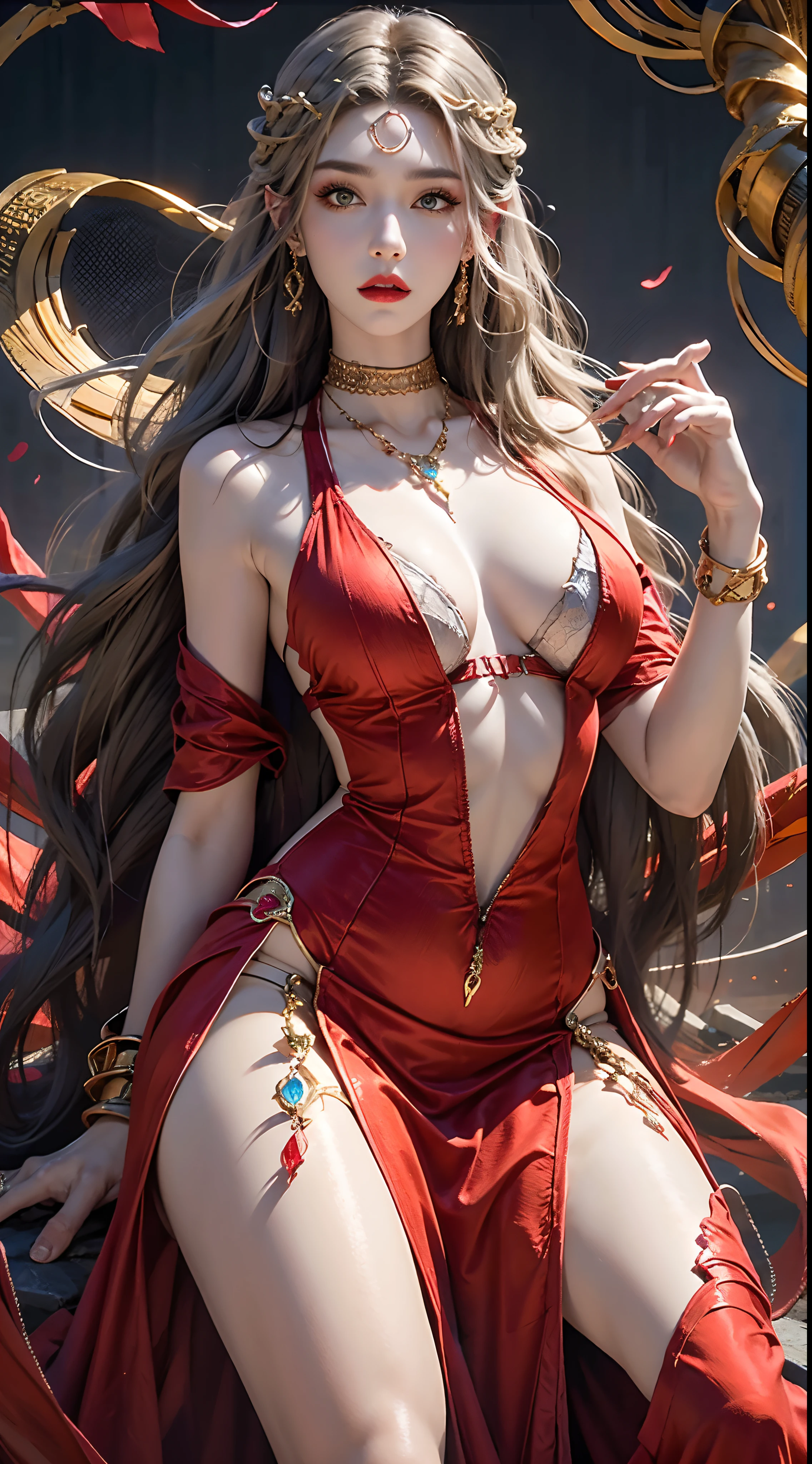 Photorealistic, high resolution, 1 woman, hips up, Beautiful eyes, Long hair, ringed eyes, jewelry, medusa, red dress