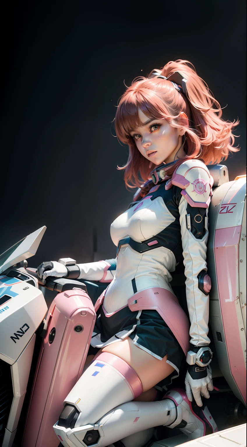 raw, masutepiece, ultra fine photos,, Best Quality, Ultra High Resolution, Photorealistic, Sunlight, Full body portrait, stunningly beautiful,, Dynamic Poses, Delicate face, Vibrant eyes, (Side view) Close-up of a woman wearing a pink and white Gundam castume, Divamic Pose, short pink hair, Girl in Mecha Cyber Armor, portrait armored astronaut girl, D. va from overwatch, female mech, barechested