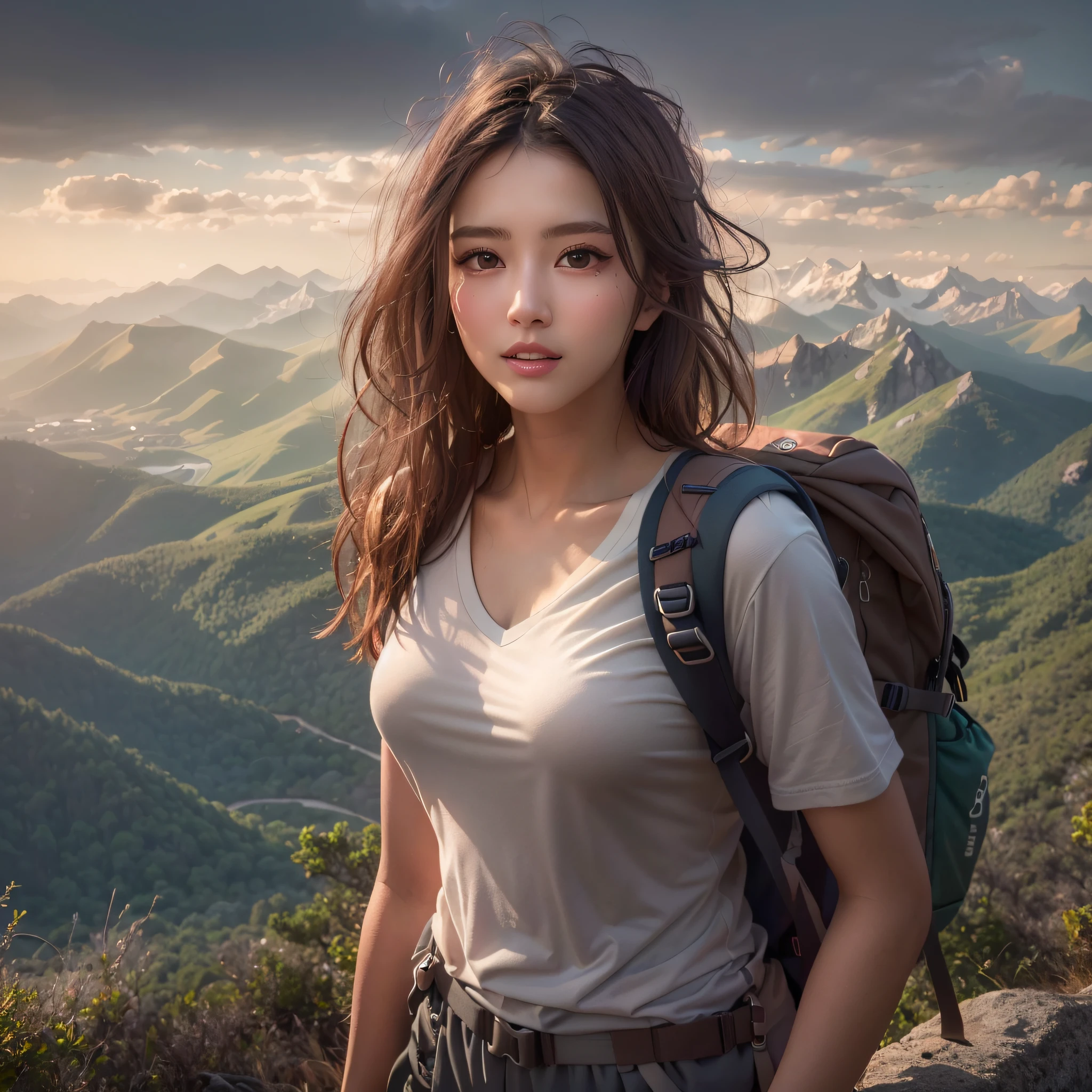 (Naturescape photography), (best quality), masterpiece:1.2, ultra high res, photorealistic:1.4, RAW photo, (Magnificent mountain, sea of clouds), (On a very high mountain peak), (sunset), (wideangle shot), (Show cleavage:0.8),
(1girl), (Photo from the knee up:1.3), (18 years old), (smile:0.9), (shiny skin), (semi-long hair, dark brown hair),
(Large white V-neck T-shirt, Trekking shorts), (Carrying a large backpack),
(ultra detailed face), (ultra Beautiful fece), (ultra detailed eyes), (ultra detailed nose), (ultra detailed mouth), (ultra detailed arms), (ultra detailed body), pan focus, looking at the audience, (Show cleavage)