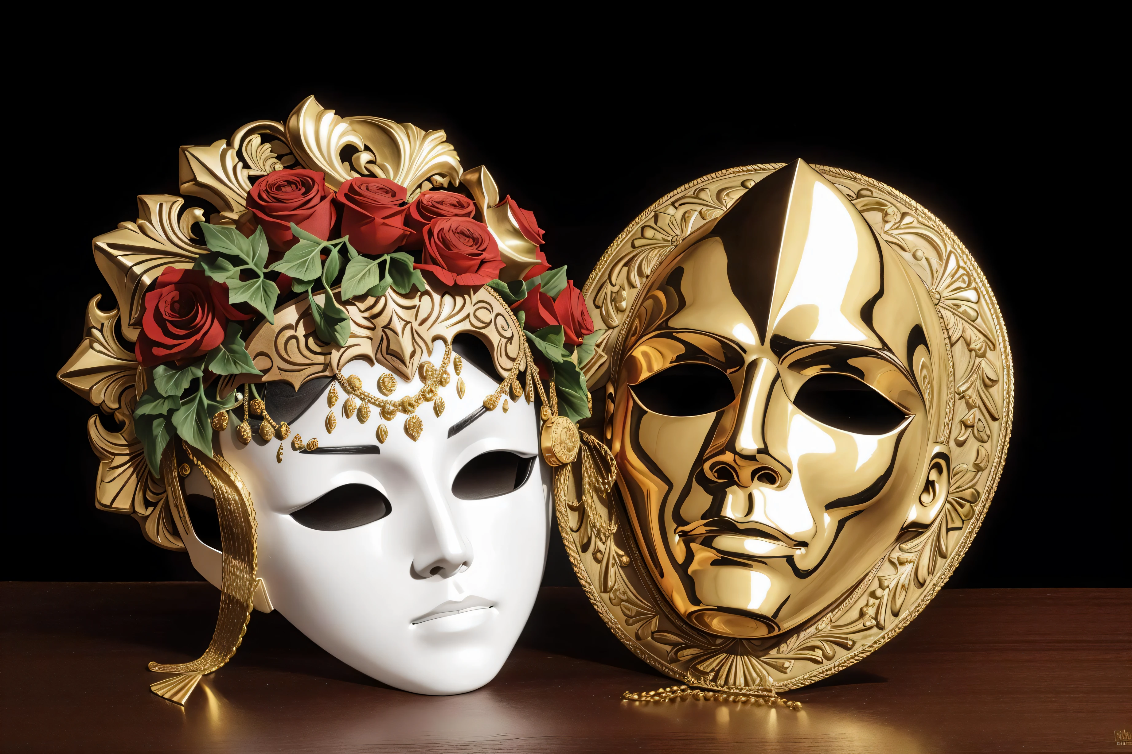 still life, black background, "tragedy mask" AND "comedy mask next to it", wreath of ivy, bugle, knife, cothurnus, chiaroscuro, Jan Brueghel, Lawrence Alma-Tadema, high contrast, masterpiece