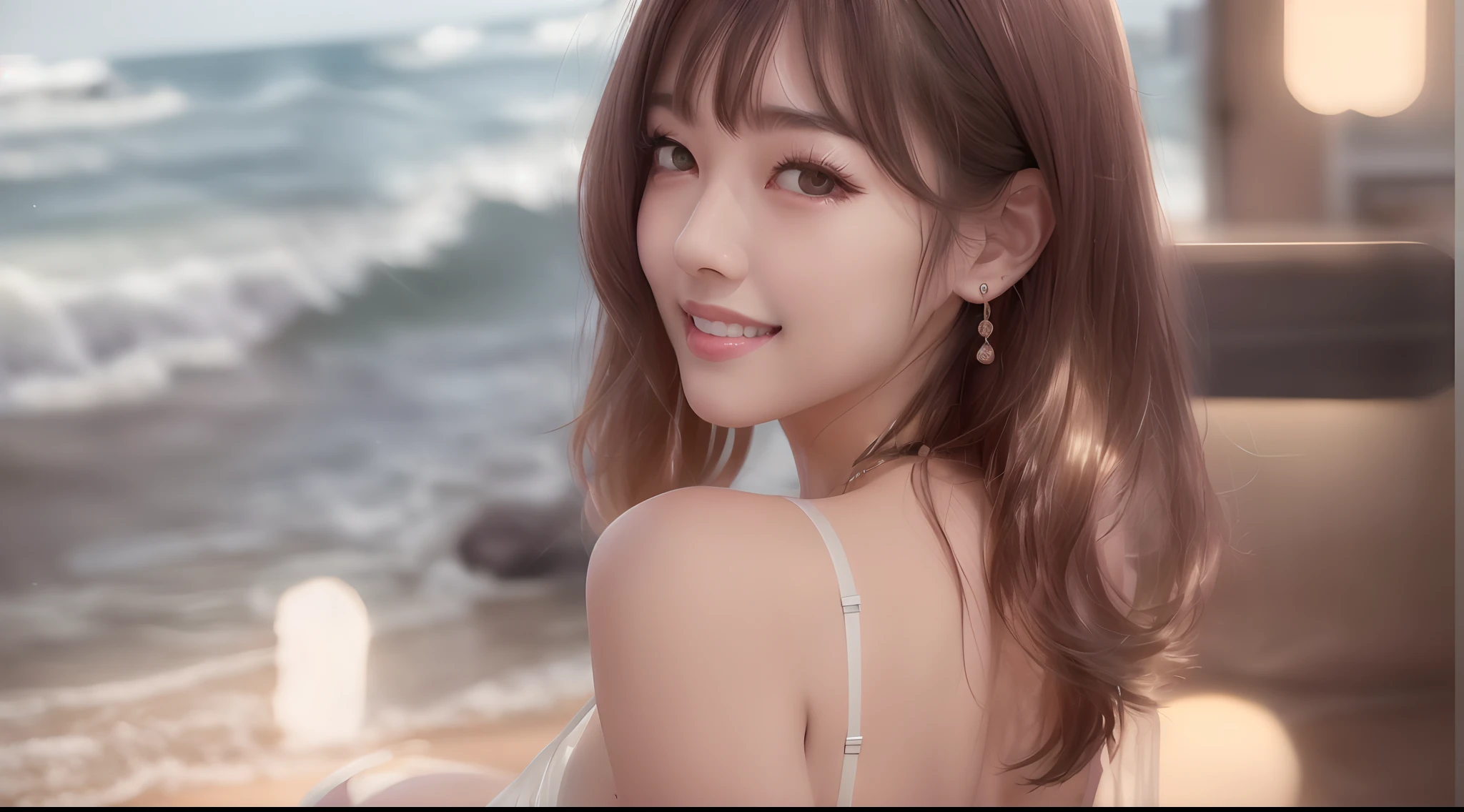 (8K、RAW photo、highest quality、masterpiece:1.2)、(real、photorealistic:1.37)、1 girl、Japanese、25 years old、woman、details face、detailed lip、Details、More skin、double eyelid、perfect body、shiny skin、look at the camera、cleavage、Okinawa's beautiful sea、glittering reflection of sunlight、smile、light brown hair