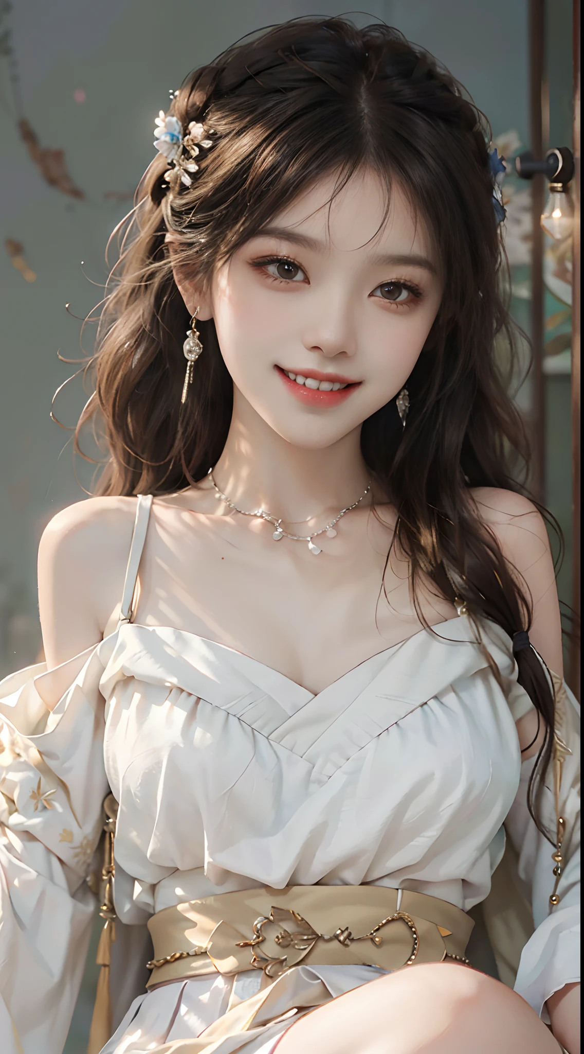((upper body)), ((from below)), ((realistic)), 1 Asian female model, A young girl, (Close up), (Being in the room, Sit Pose, Leaning against the dresser), Look out the window, Pleasing posture, Eye-catching poses, Detailed scenes, Coiled hair, Hairpins, Beautiful hair accessories, Brownish-yellow hair, light make-up, Blushlush, Gloss on lips, ((white hanfu, tulle shawl, Skirt, Leak one shoulder, high-waist, Nice belt)), ((warm lights, a warm color palette)), (Extremely high color saturation), Detailed details, ultra-detailliert, (tmasterpiece, best qualtiy), (An extremely delicate and beautiful work), Delicate earrings, Delicate necklace, Simple blurred background, Extreme detail description, Ultra-fine painting, Delicate face, slim toned body, Slimming the waist, (grin, happy grin, Baring teeth), (anatomy correct)