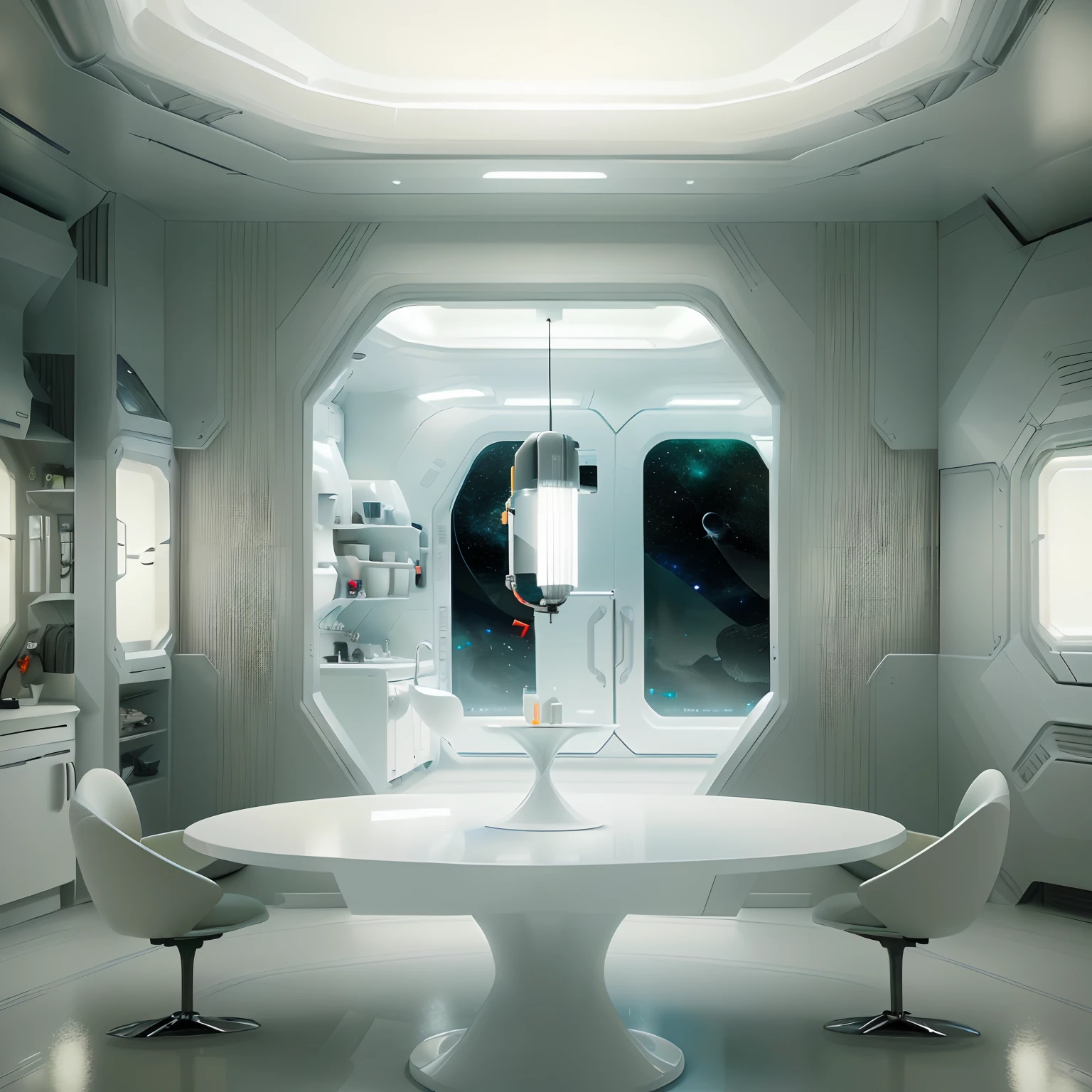 An astronaut's home in the kitchen of a futuristic house in the galaxy. The kitchen features clean and high-polish surfaces with a modern and sleek design. The atmosphere is filled with a realistic color palette that emphasizes the depth of the cosmos. The lighting is professionally done, creating a warm and inviting ambiance. The home decor includes elements inspired by space exploration, with subtle references to astronauts and rockets. A state-of-the-art coffee machine stands as the centerpiece, ready to brew a delicious cup of coffee for the astronaut's daily routine. The image quality is top-notch, with an 8k resolution that captures every intricate detail. The prompt reflects a perfect blend of futuristic aesthetics with a touch of homey comfort, inviting viewers to imagine and explore the possibilities of living in outer space.