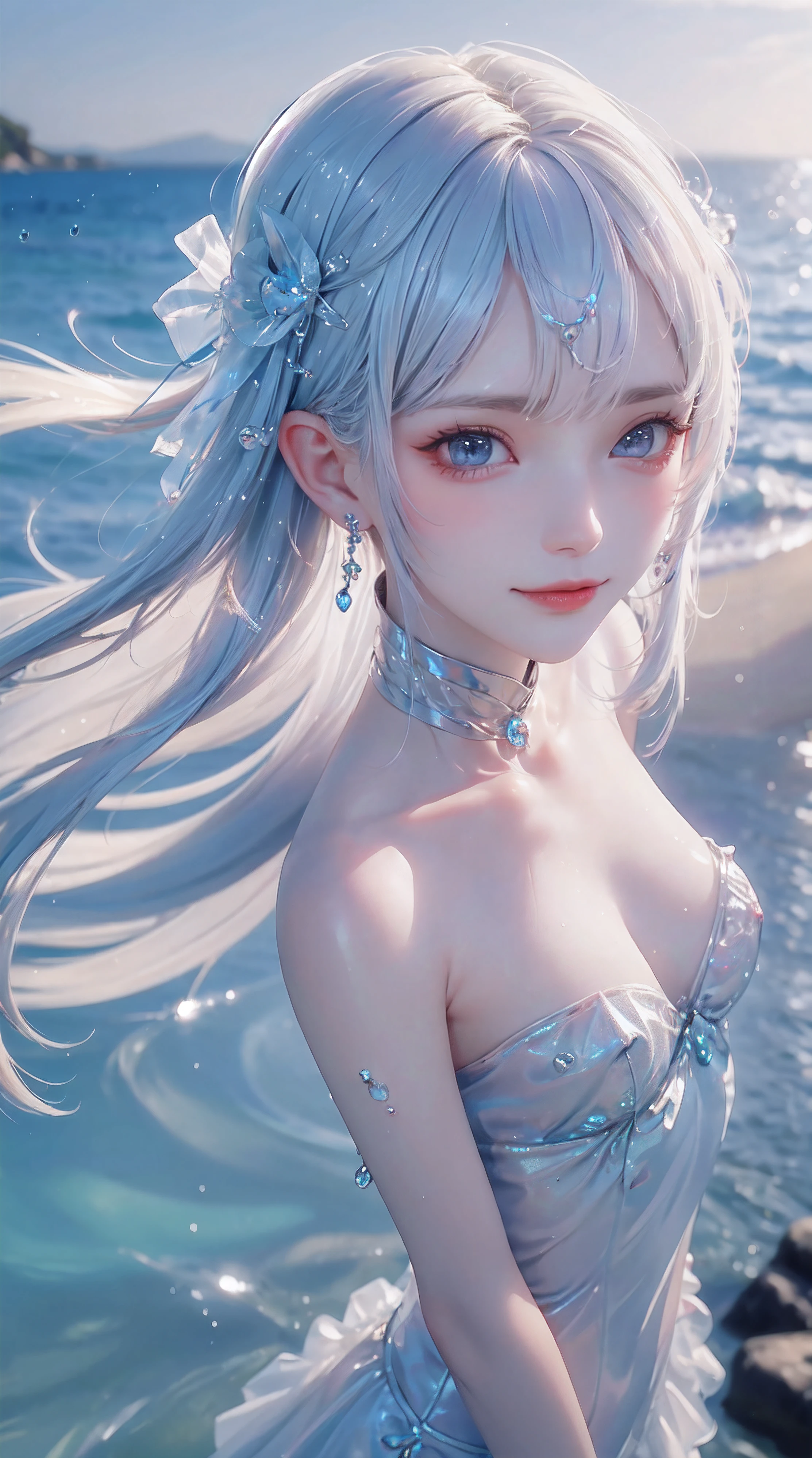 art by Cornflower, Dreamy, (A petite figure,Girl with beautiful eyes. The depth of field in the photo was perfect, and the lens flare added a nice touch. The meticulous facial features on her face are really prominent, And the score of this photo is definitely greater than 10. in the background, There is a beautiful ocean,The sea is crystal clear,There are water droplets on the surface of the water. It's a stunning photo,Really captured the beauty of the girl and the water.)