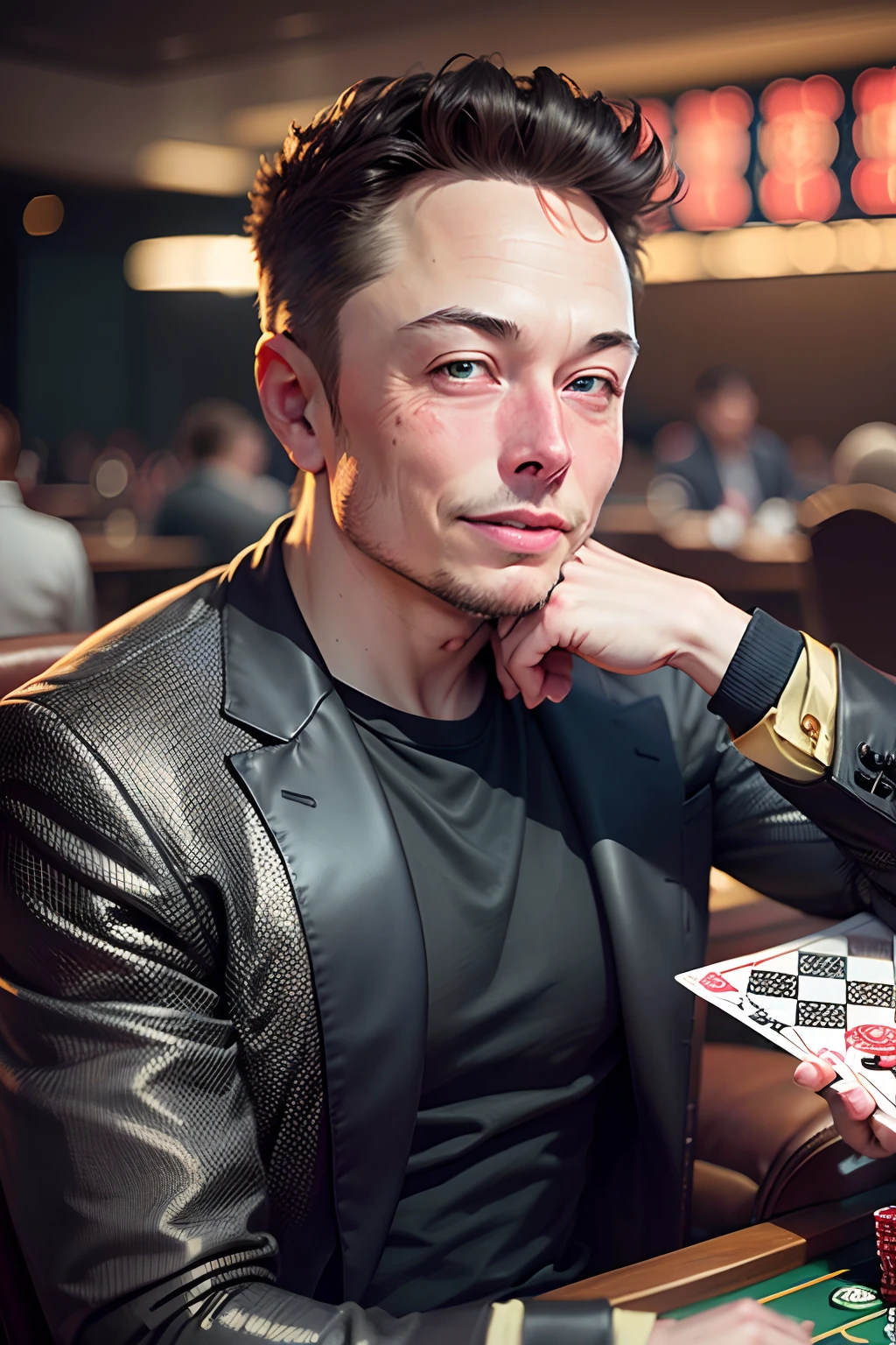 elon musk casino roulette (with money in his hand) elon musk sorrindo foto realista, Foto RAW, (uma foto retrato de elon musk: 1.3), elon musk segurando uma roleta de cassino (in a casino setting) 8k uhd, dslr, fundo escuro, soft-lighting, melhor qualidade, grain of film, Fujifilm XT3, --auto --s2