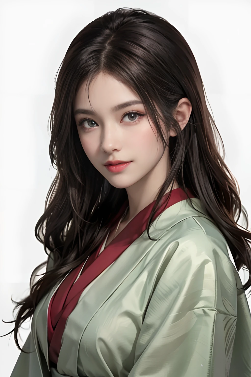 Photorealistic, High resolution, Soft light,1womanl, Solo, cowboy shot, glistning skin, (Detailed face), Fine silk red kimono with pattern, Black long straight hair, Beautiful princess, An eye that invites the viewer, Moist eyes,Lover's perspective, inviting expression, Sexy smile, Perfect Style, Perfect balance, Detailed skin, Naughty gaze,Colossal tits,White background