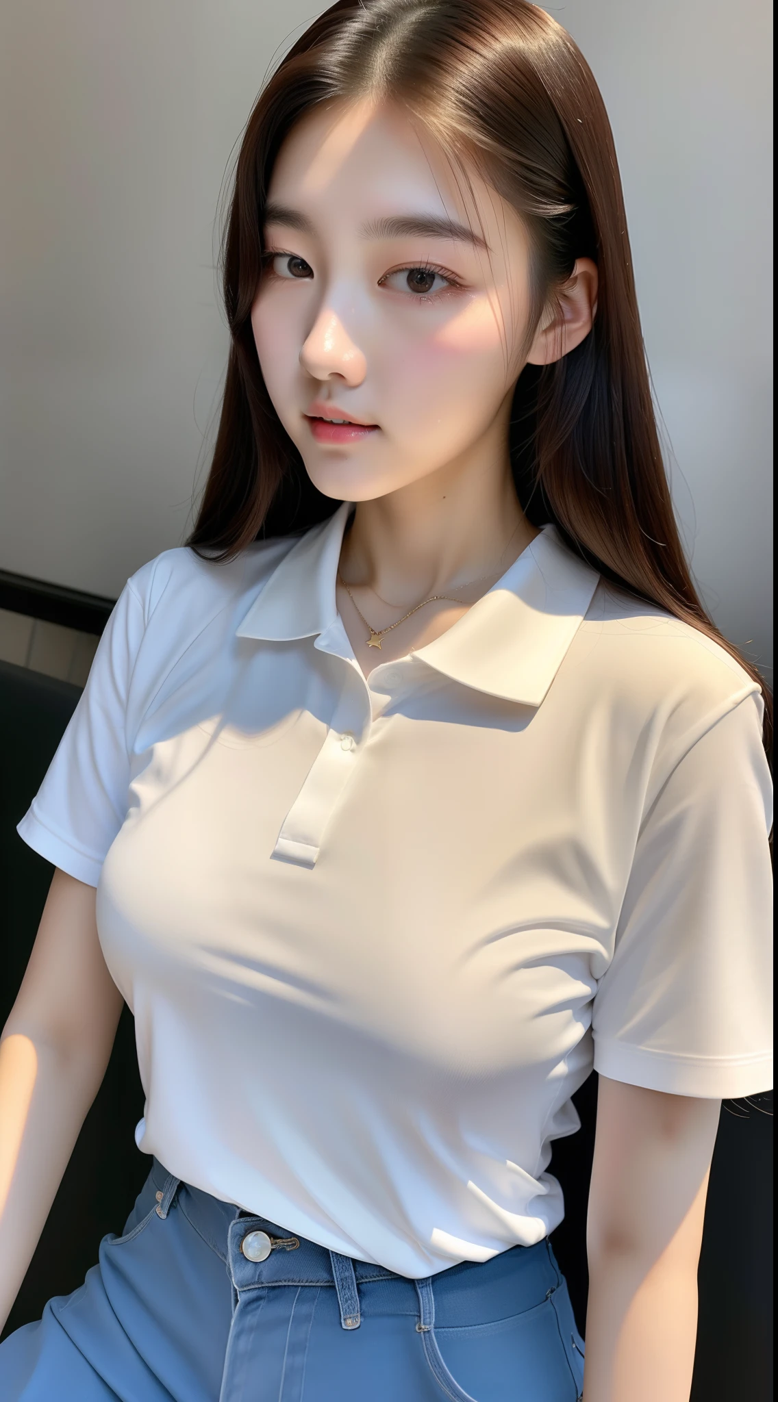 realistic photo of 1cute Korean star), medium hair, white skin, thin makeup, 32 inch breasts size, wearing polo shirt, in the class, upper body portrait, chiaroscuro, sparkle, 16k