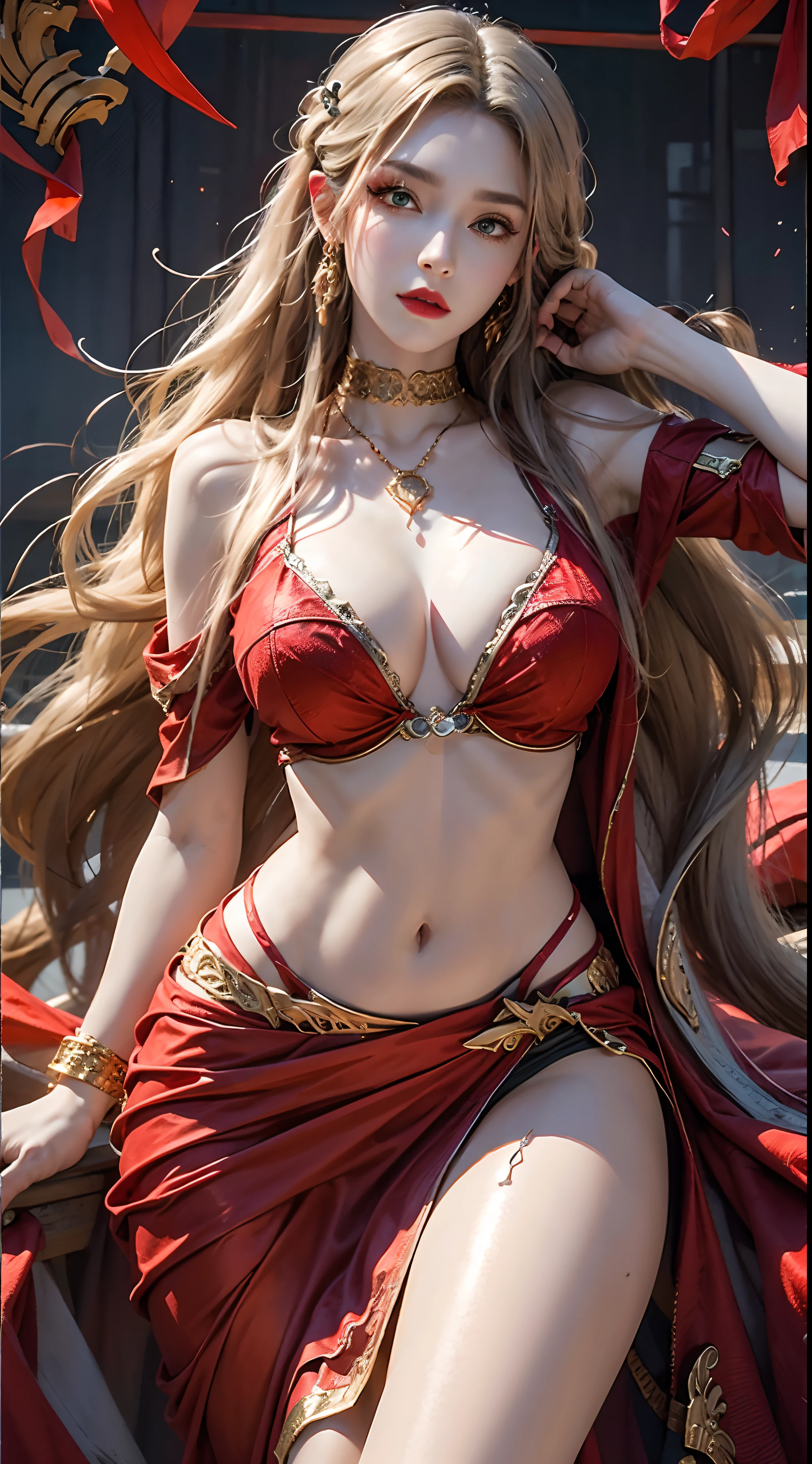 Photorealistic, high resolution, 1 woman, hips up, Beautiful eyes, Long hair, ringed eyes, jewelry, medusa, red dress