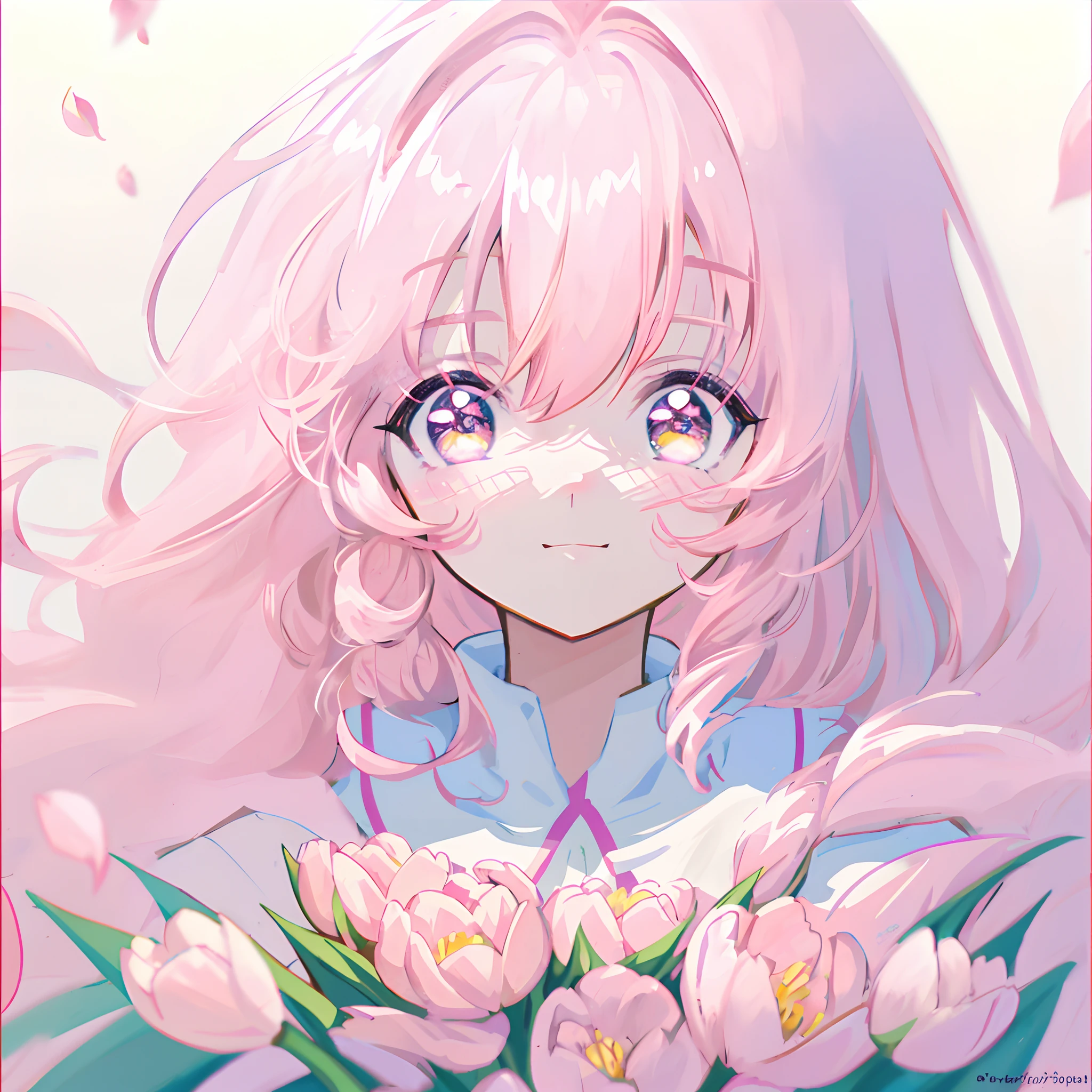 pink hair, anime, ghibli, anime style, close up, from side, first-person perspective, 8k, super detail, masterpiece,super detail, high quality, high resolution, high detail, white background, face detail, happiness, curly hair, tulips in hand, sideways, sideways,