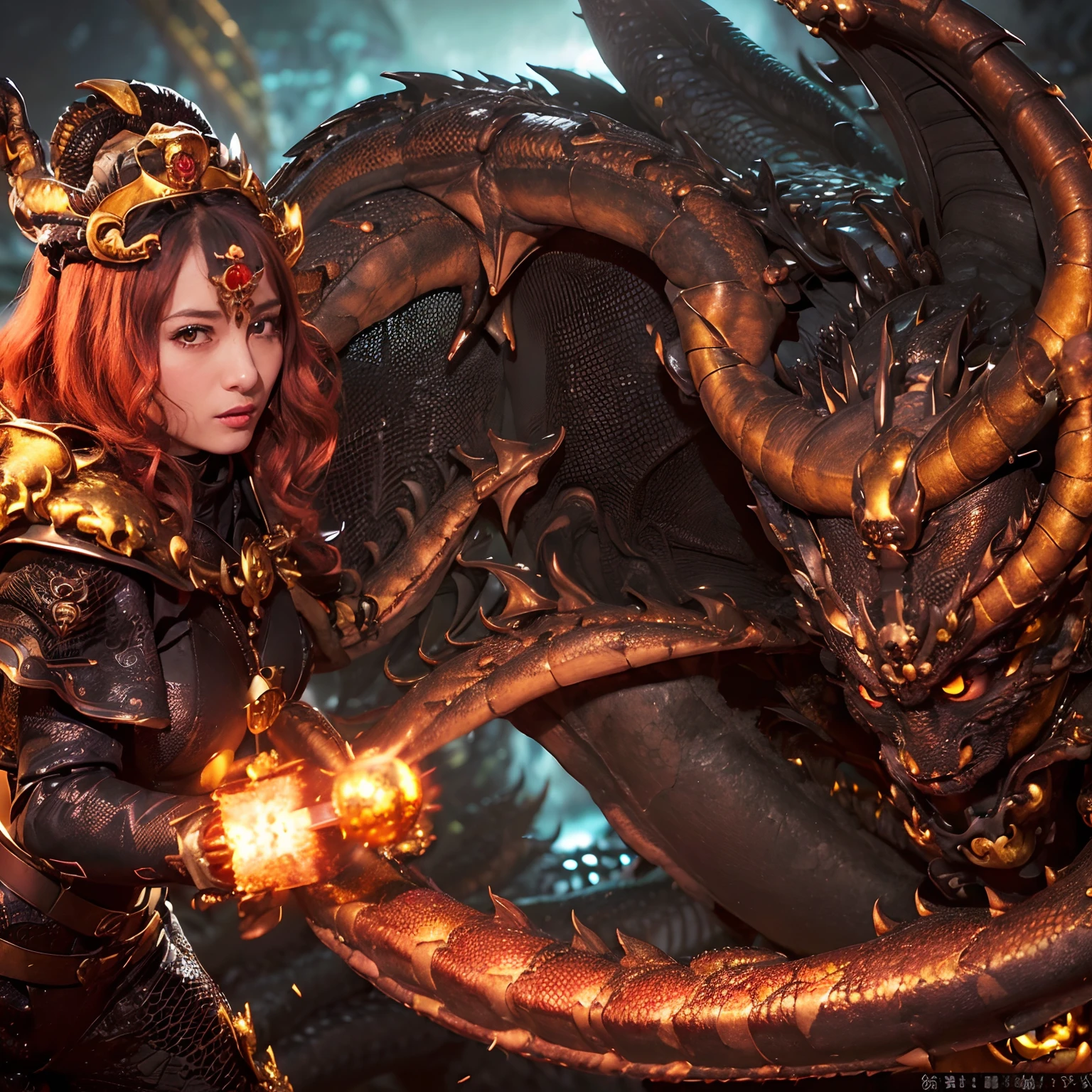 (The Ultimate Beauty Face), Professional , masterpiece、top-quality、photos realistic , depth of fields (Gemstone Black Metal Body:1.4),(Matte Black、(cleavage of the breast)、Dragon Gold Weapon,Mystical expression、Particles of light、((((Fight dragons)))、(a beauty girl)、(Dragon Metal Body:1.4),Gorgeous Silver Weapons ,(( Dragon's dense and gorgeous sword)) , Beautiful knife ,warhammer 40k , adepta sororitas,Detail and gorgeous crown、((Red hair))、(Castle background)、、((Gangle's forest background))、Beautiful Caucasian beauty、1a person、dynamic ungle,(((Detailed and ornate Black Devil Crown)))、Smaller head、A smile、Castle background、Thin and beautiful female hands、cleavage of the breast、Soldier in iron armor on background、Mystical expression、Light Effects、intense fighting、Wind-effect、magic circles、With the legendary magic wand、(demonic wings)、