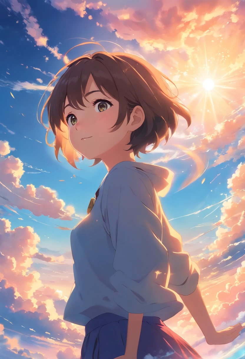 masterpiece, best quality, movie still, 1girl, cloud girl, floating in the sky, close-up, bright, happy, warm soft lighting, sunset, (sparks:0.7)