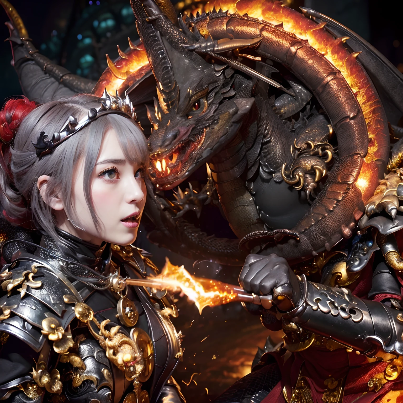 Professional , ​masterpiece、top-quality、photos realistic , depth of fields （Gemstone Black Metal Body:1.９),(Enamel Black、（cleavage of the breast）、（Chinese Dragon）、Mystical expression、Dragon Gold Weapon（Dragon Metal Body:1.４),Gorgeous gold weapons ,（（ Dragon's dense and gorgeous sword）） ,  、blood splashing、  ,warhammer 40k , adepta sororitas,Detail and gorgeous crown、（（Brown hair））、（The dragon）、（Castle background）、The dragon、（（Gangle's forest background））、Beautiful Caucasian beauty、（１a person）、dynamic ungle,(((Detailed and ornate dragon helmet)))、Smaller head、A smile、Castle background、Thin and beautiful female hands、cleavage of the breast、Mystical expression、Light Effects、Wind-effect、magic circles、With the legendary magic wand、（demonic wings）、Toostock、