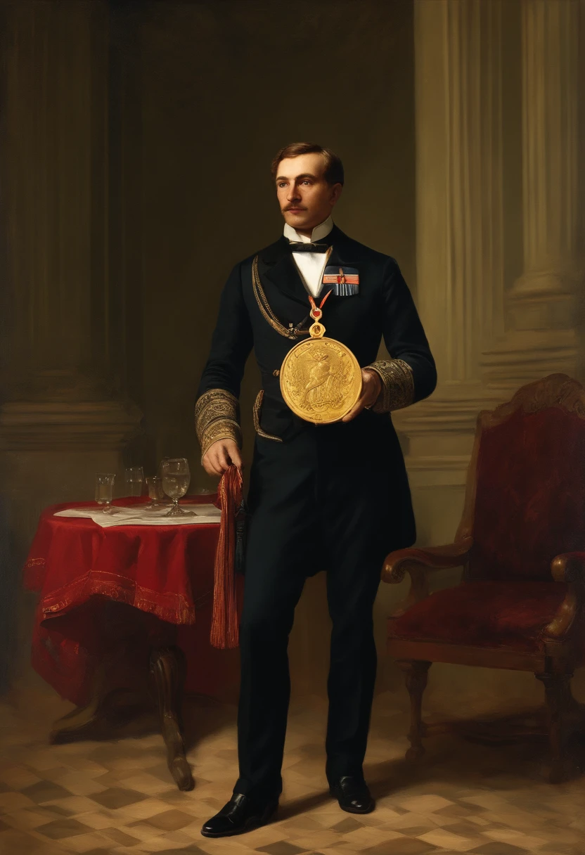 arafed man in a black shirt holding a gold medal in front of a crowd, in style of kyrill kotashev, anton fedeev, portrait of ernest khalimov, ernest khalimov body, by Ilya Ostroukhov, aleksander rostov, egor letov, alexey gurylev, leonid