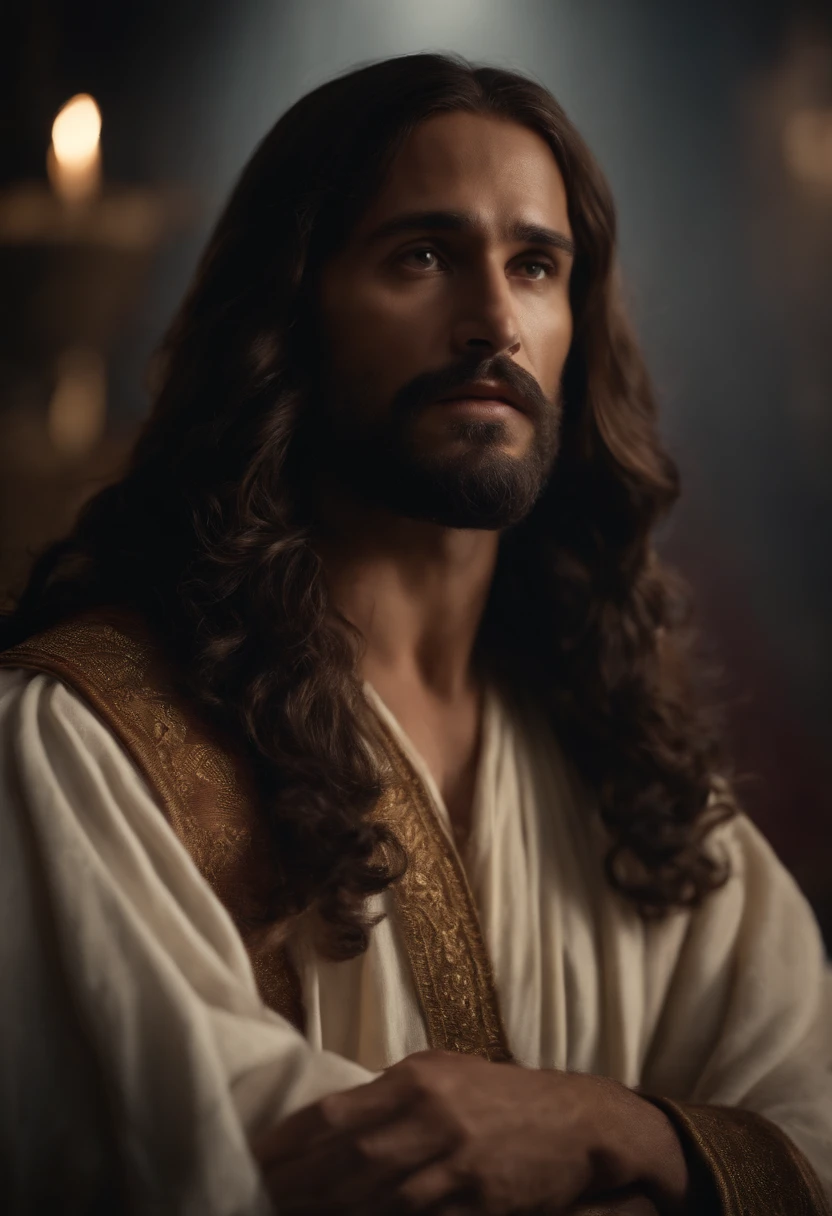 "Close-up ultra-realista em 8k de Jesus Cristo, com cabelos compridos e barba."