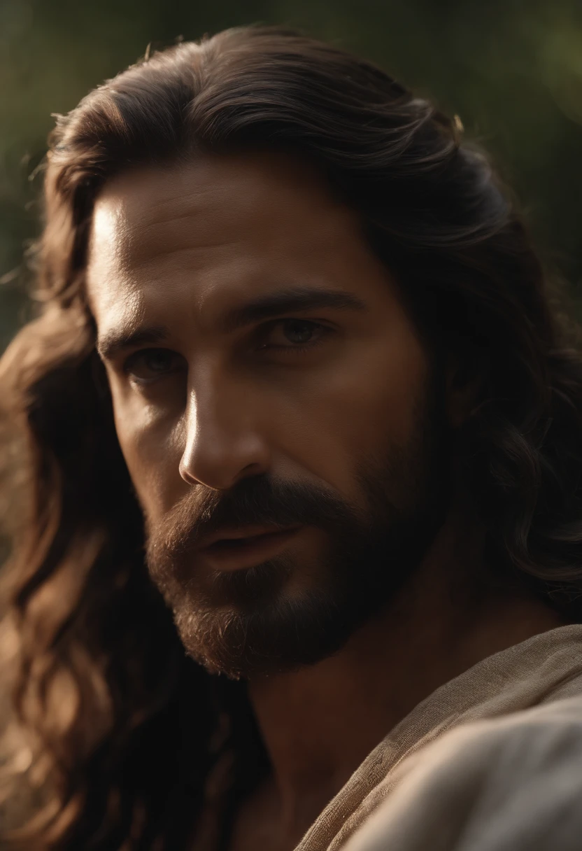 "Close-up ultra-realista em 8k de Jesus Cristo, com cabelos compridos e barba."
