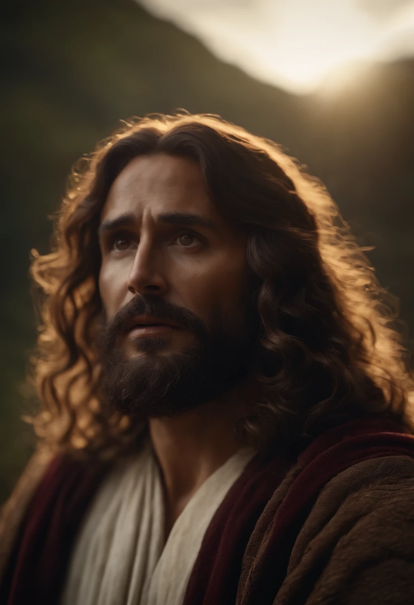 "Close-up ultra-realista em 8k de Jesus Cristo, com cabelos compridos e barba."