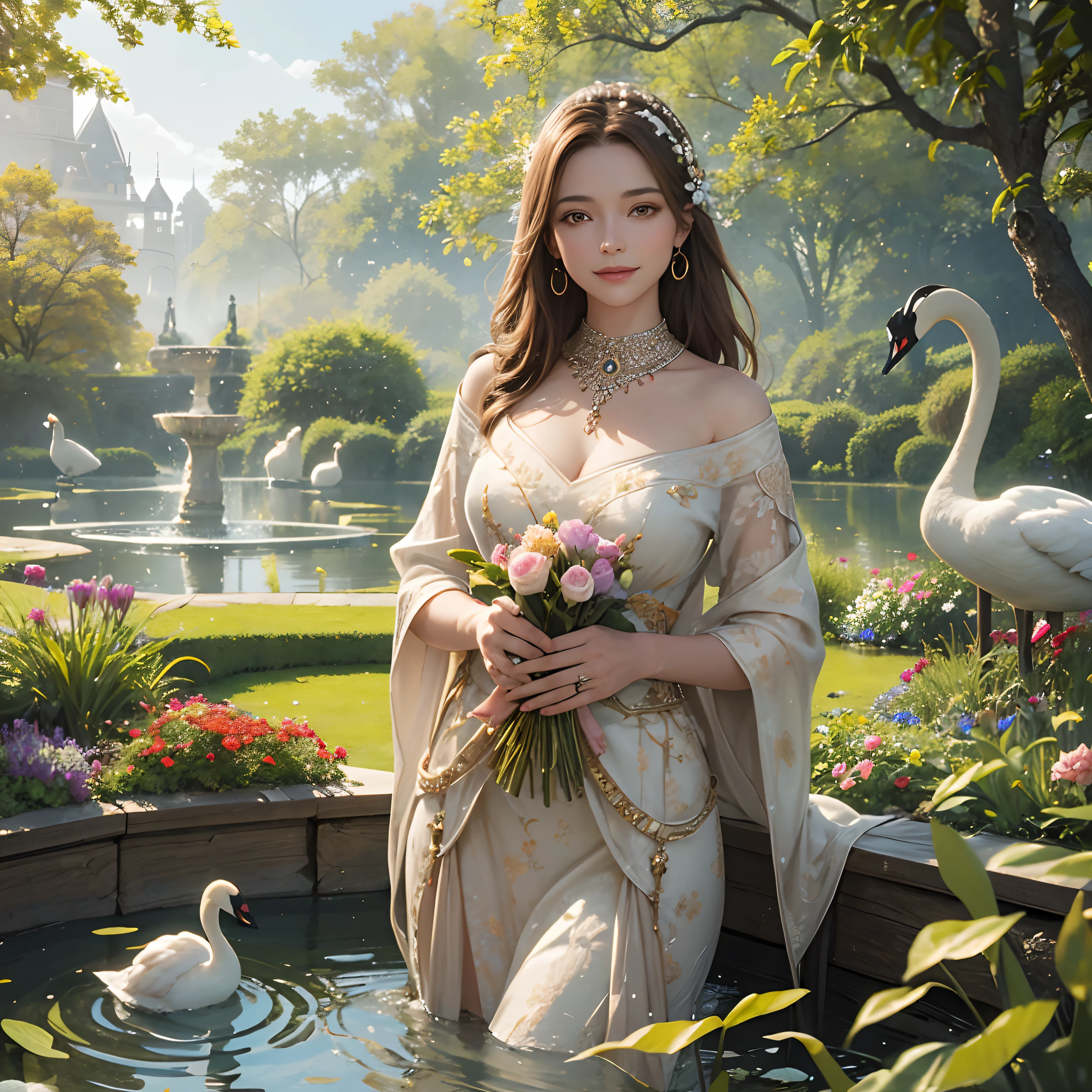 A beautiful woman standing looking to the camera with her smile, brown hair, tied up with the ornament, jewelry, in surrealism, realistic photography, a garden with beautiful autmn leaves, falling flowers, a little pond with a swan in it, 8k, wallpaper, very detailed, intricated detailed, --auto