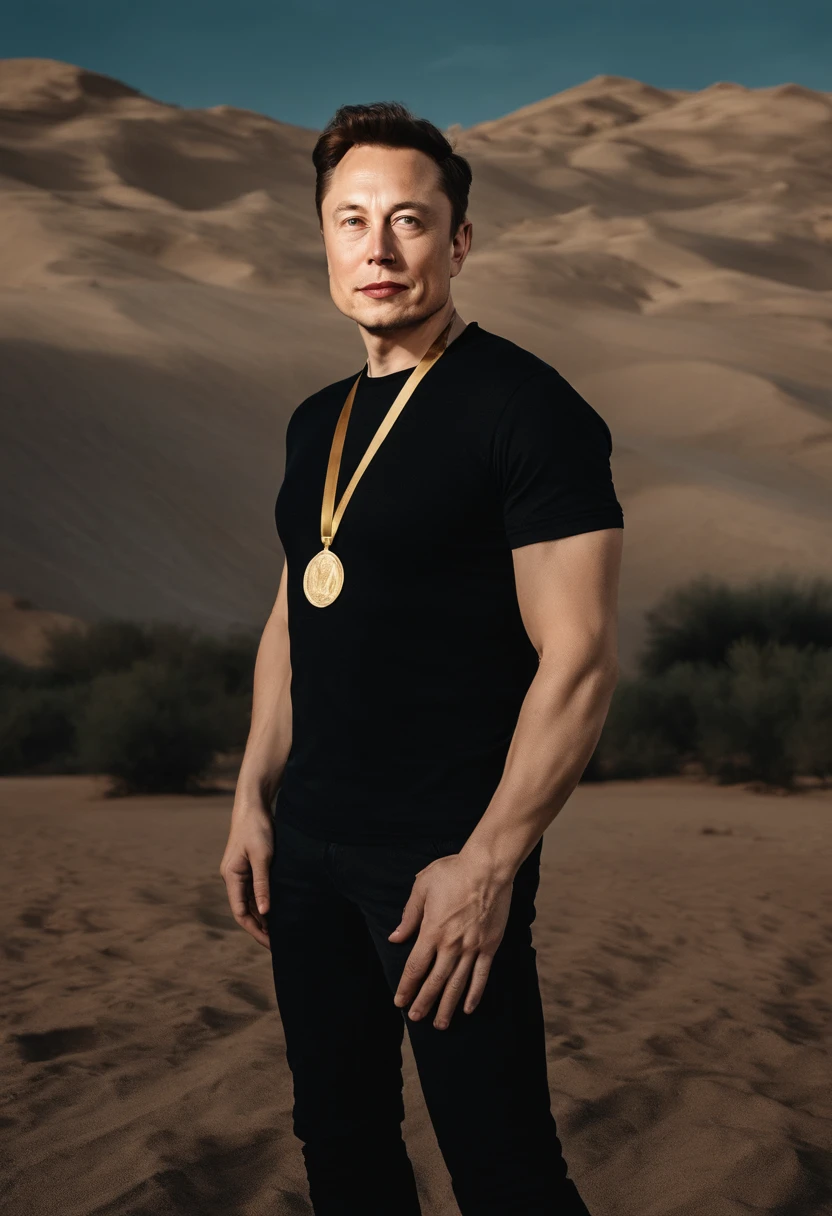 elon musk in a black shirt holding a gold medal in front of a crowd, a portrait by Ilya Ostroukhov, unsplash contest winner, lyco art, in style of kyrill kotashev, anton fedeev, portrait of ernest khalimov, ernest khalimov body, aleksander rostov, egor letov, leonid