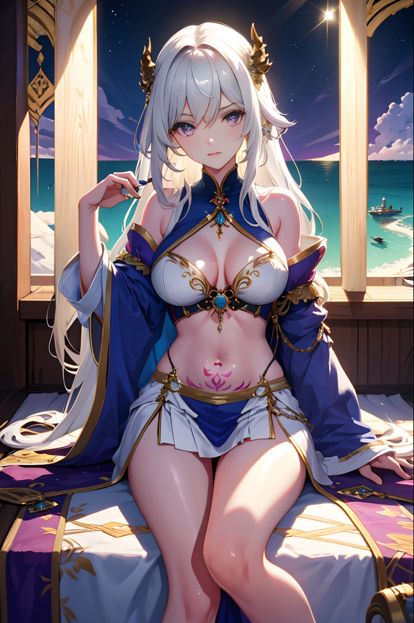 A high resolution, HighestQuali, illustration, Cinematic light, Ultra detailed, Detailed face, (Detailed eyes), Best quality, ultra - detailed, Masterpiece, (Detailed face),1girll, Girl, White hair, Purple eyes, highest details, glowing light eyes, medium breats, sit on a bed, Sitting, Bed, window, Night sky, Lake outside, Moon, full moon, back lit lighting, Light rays, (High contrast), (Colorful),s girl，a color，Long hair with gradient color，Heteropupil（random），Take off your top，Strip naked upper body（effect），Show the belly，Tattooed with，best qualtiy，tmasterpiece，Extremely refined and beautiful，extremely detaile，8K，finely detailled，Take off your skirt，Strip naked lower body（effect），Show long legs，Super camel toe，Hand optimization，Attention to detail，White matter of the skin，Shiny，Full Body Sweat，Lots of sweat，adulterate，Milk liquid