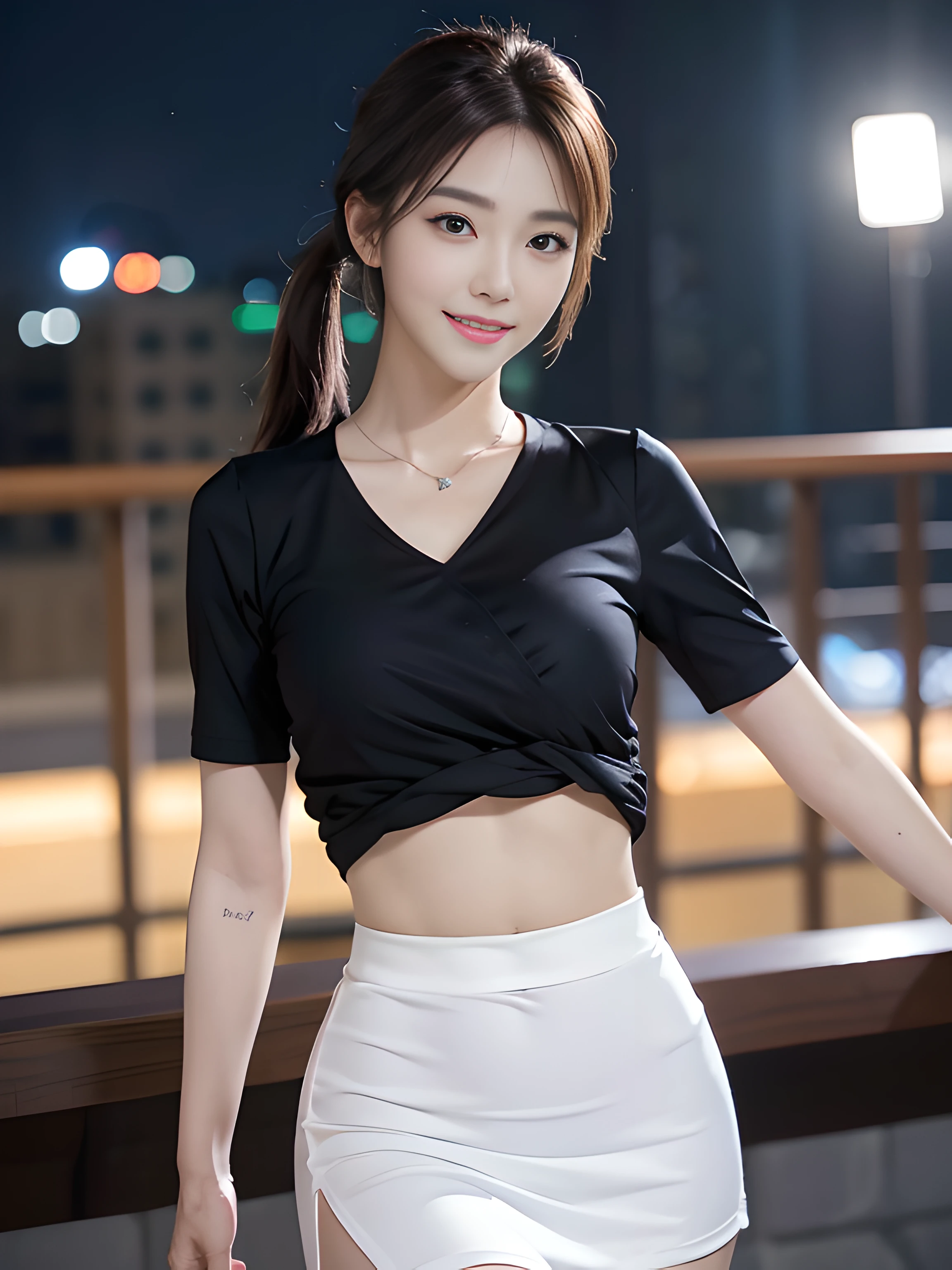 8K, masutepiece, RAW photo, Best quality, Photorealistic, Highly detailed CG unity 8k wallpaper, depth of fields, Cinematic light, Lens flare, Ray tracing, (Extremely beautiful face, Beautiful lips, Beautiful eyes), intricate detail face, ((ultra detailed skin)) 1girl in, In the dark, deepshadow, Pretty Korean girl, Kpop idol,(Very slim and slim muscular body), ((view the viewer)),(Big smile), (city night scene, the roof,), Pretty Korean girl, Earrings, bangle, necklace, Clear eyes, Walking , front footage, (Pale skin), Face forward, (Big eyes), ((upperbody shot)), ((Short skirt that wraps around the hips)), (camel-toe, Shape), (Crop top T-shirt), (pony tails) (view the viewer), Breasts are plump,((Smile)), ((camel-toe)), see through, ((mixed into))