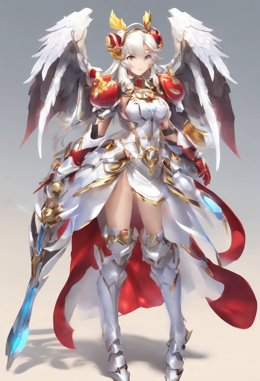 (ValkyrieArmor:0.5),(Winged headgear:1.1), Girl,,with an intricate, Perfect Lighting, 1girl in, Ponytail, Looking at Viewer, Smile, snulight,cove,blazing(masutepiece), (Best Quality),Beautiful girl with thighs,red color mecha,As graceful as a swan,Enchanting,Long grey hair,Red body,Fluorescence line,White hands,lab room,FutureTech,Red indicator light on the body,Full body photo,standing on your feet,dreamy scene,,dyna,super detailing,Cell shade,8K detail post-processing,magnifica,hyperphotorealism,8K,epic composition,intricate-detail,unrealengine,Flying,Laser Cannon,Holy Angel Mecha,Mechanical exoskeleton,whaite hair,golden pupils,flower sea,Eventide,Angel Maiden,Angel wings,White long skirt,war,battle posture