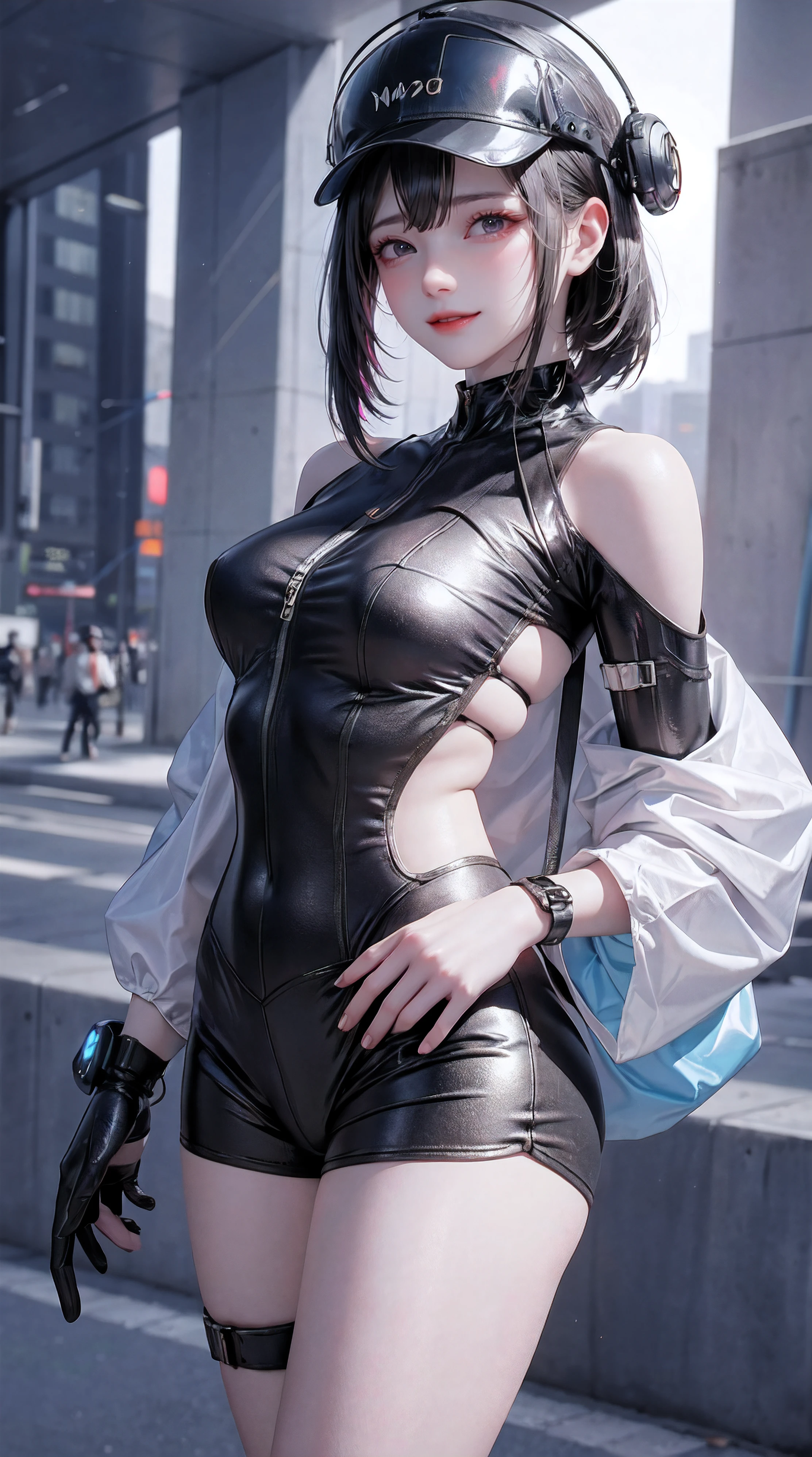 Beautiful woman medium hair, wearing cap, cyberpunk style short clothes