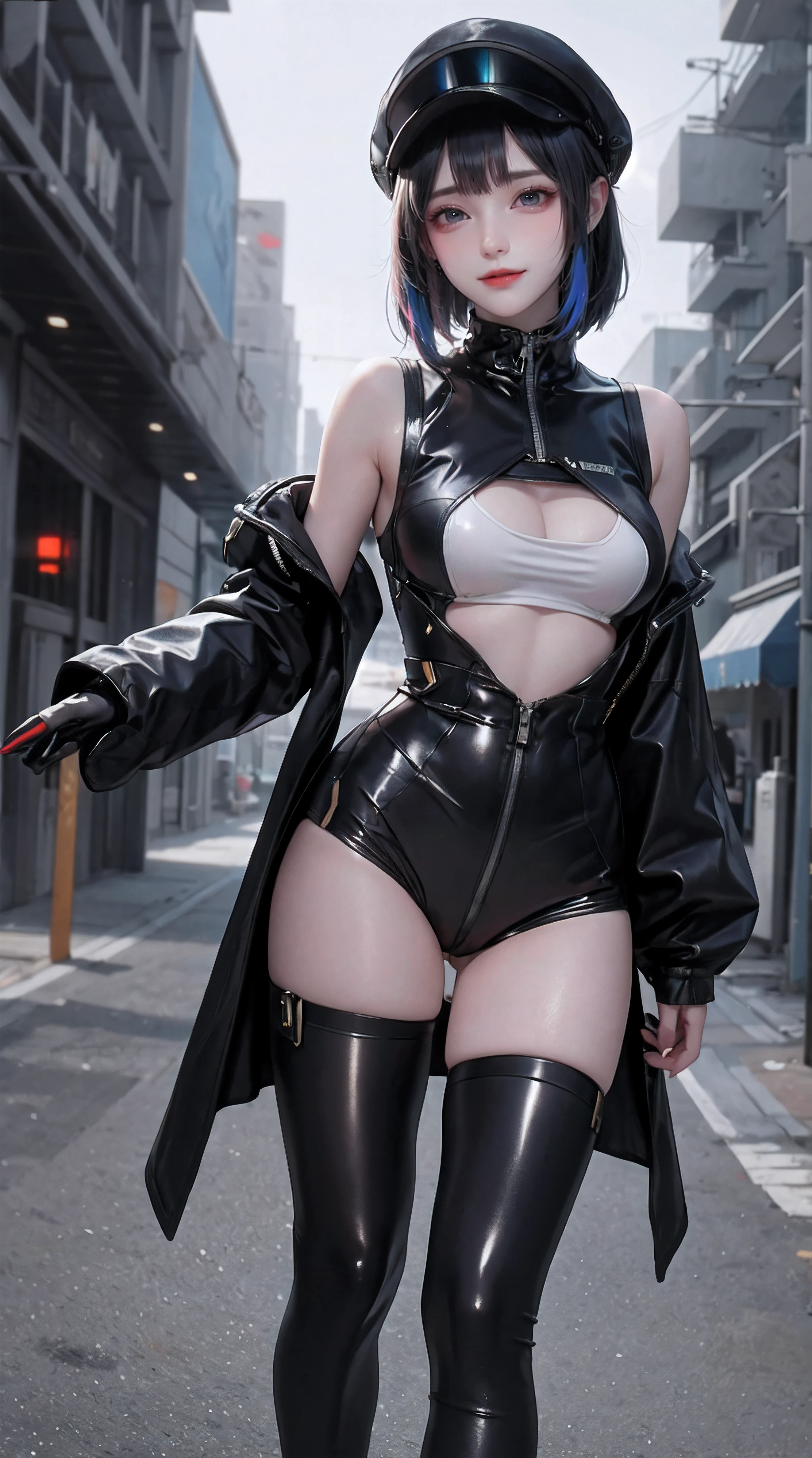 Beautiful woman medium hair, wearing cap, cyberpunk style short clothes