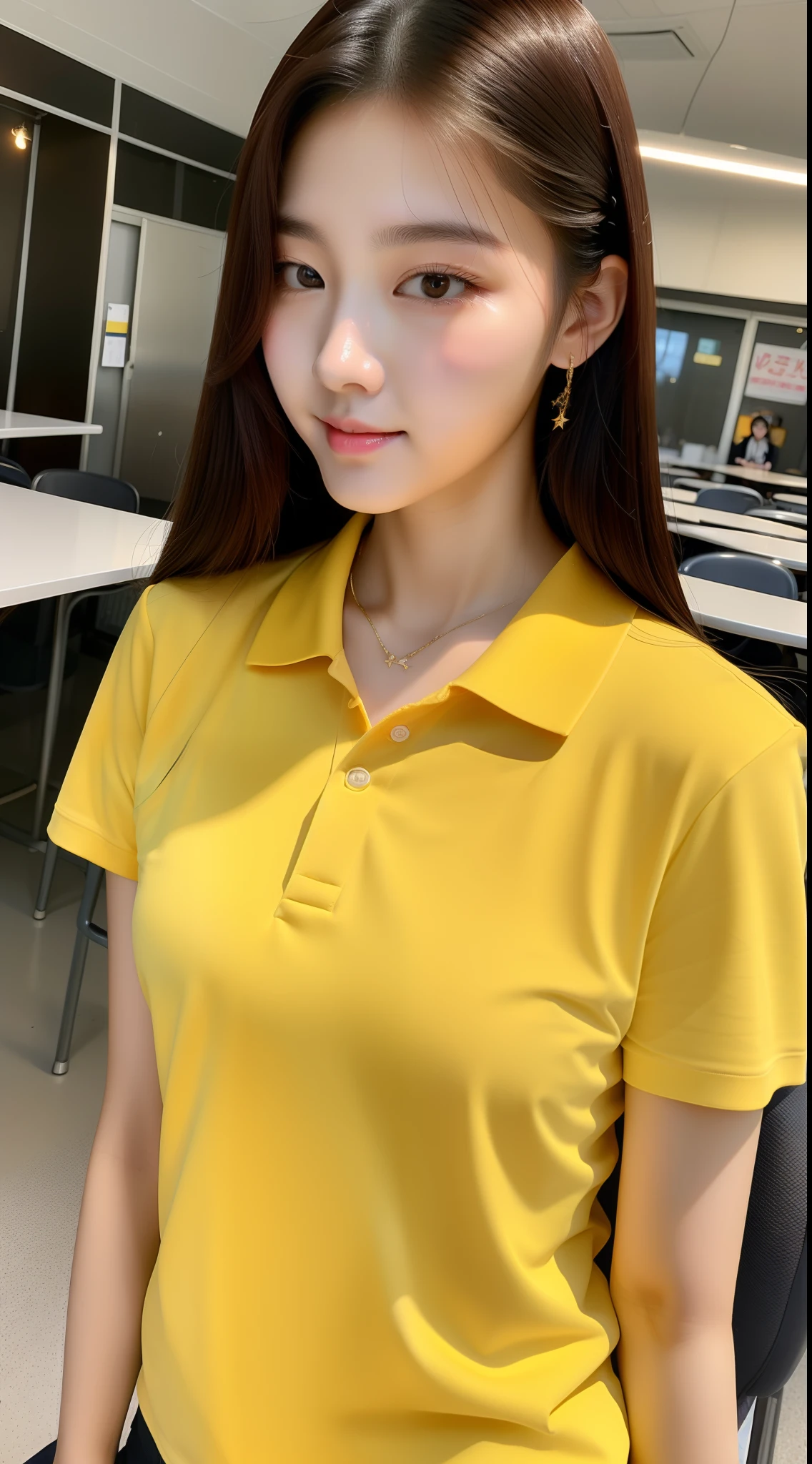 realistic photo of 1cute Korean star), medium hair, white skin, thin makeup, 32 inch breasts size, wearing yellow pattern polo shirt, in the canteen, upper body portrait, chiaroscuro, sparkle, 16k