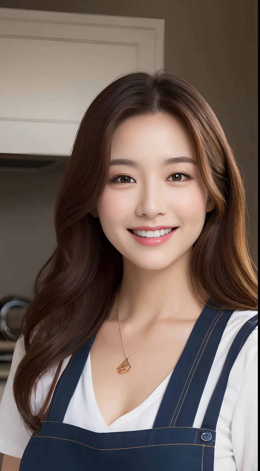 (Best quality, 8k, masterpiece: 1.3), a beautiful woman with perfect figure: 1.4, dark brown hair, wearing a pendant, wearing an apron, in the kitchen, highly detailed face and skin, detailed eyes, double eyelids, big breasts, smile