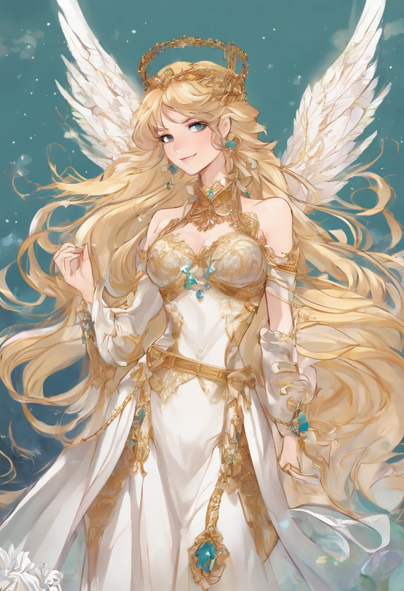 high priestess,valkyrie,Angel wings,nabel,Side chest,with an intricate,light particules,upper limbs,shiny skins,Perfect litthing,1girll,looking at viewert,Headdress with wings,pelvis curtain,ssmile,(tmasterpiece),(best qualtiy),very Bigger breasts,maternal,Porcelain Skin,honey blonde hair,Very long hair,Wavy Hair,best qualtiy,Perfect face,fingers of normal proportions,,