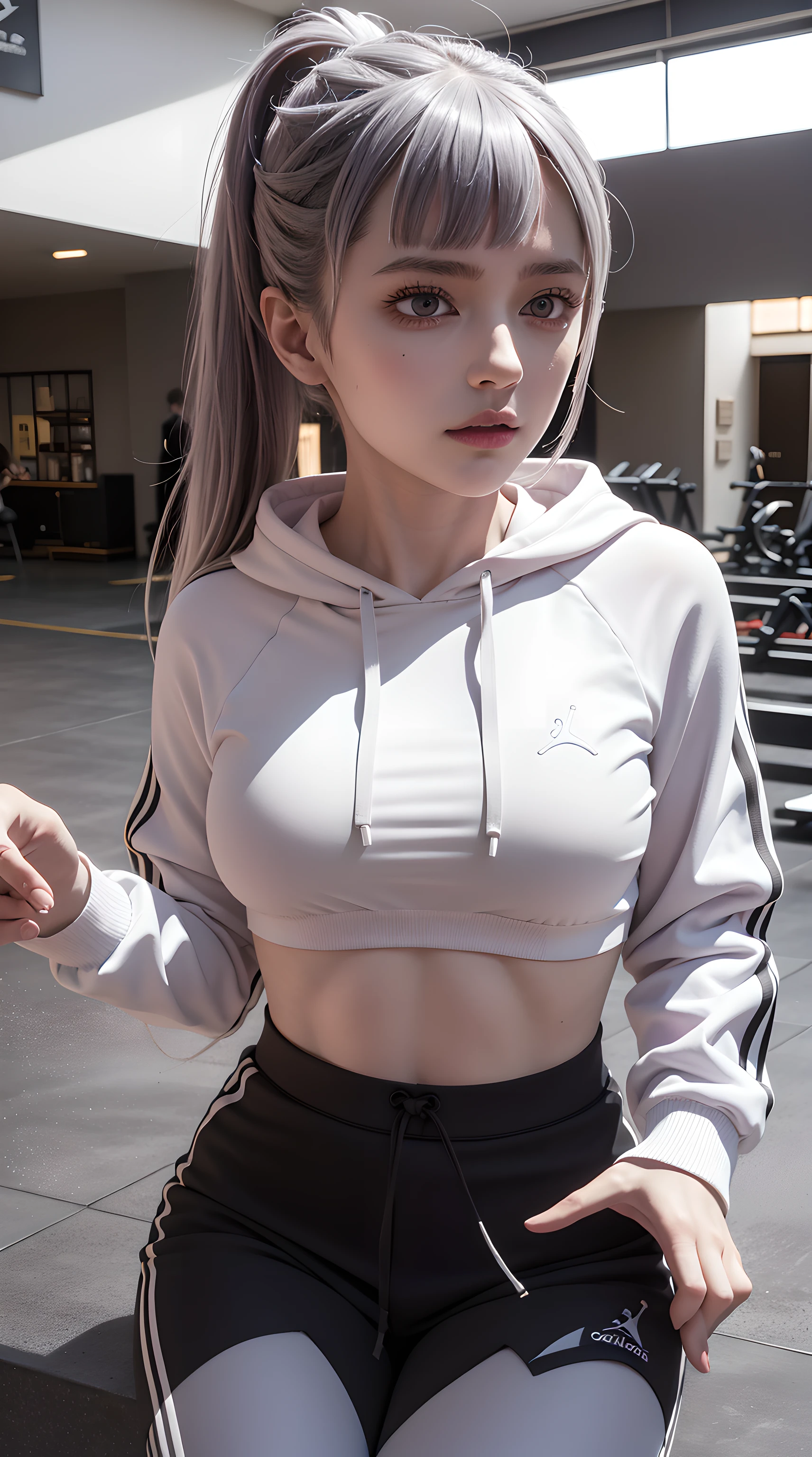 noele from black clover anime, long hair, white hair, purple eyes, ponytail, beautiful woman, beautiful, perfect body, perfect breasts, wearing white Adidas hoodie, black jogger pants, wearing white Nike Jordan shoes, at the gym, barbell, looking spectator, small smile, realism, masterpiece, textured skin, super detail, high detail, high quality, best quality, 1080p, 16k