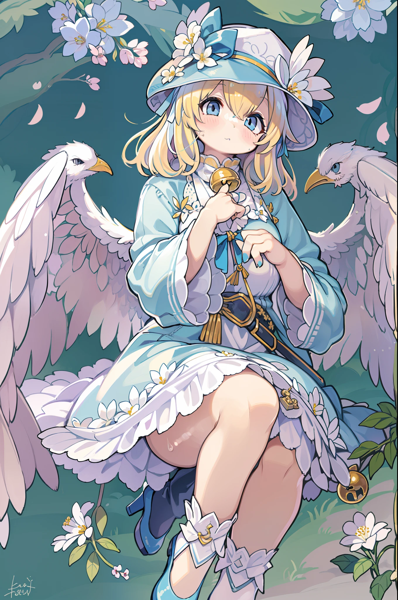Uecla, 1girl in, Blonde hair, White background, hat, Dress, blue footwear, Wings, Simple background, signature, flower, nail polish, Wide sleeves, Long sleeves, blush, animal, white blossoms, Solo, Full body, Bird, Looking at Viewer, high-heels, hands on own cheeks, hand on own face, frilld, Bow, Bangs, bow ribbon, bell, blue headwear, +_+, sox, Short hair, grey  eyes, shoes, Blue Nails, Feathered wings, blue bow