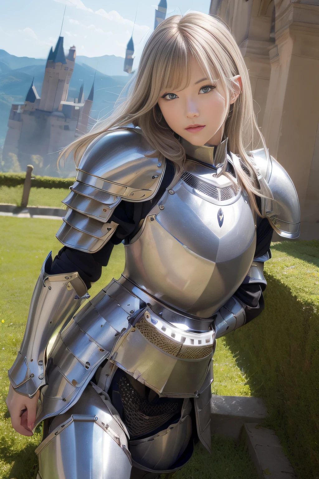 best qualtiy、masutepiece、超A high resolution、(Photorealistic:1.4)、infp young woman、(modeled:1.2)、small head、a small face、blonde  hair、long legged、(Ornately decorated full-body armor:1.3)、(Waist Armor:1.3)、(Falls Armor:1.9)、(Silver Crotch Protector:1.4)、Leg armor、(Green cloak:1.3)、(Full body:1.4)、Appearance without makeup、smil、(the perfect body:1.7)、Castle background、By Michelangelo