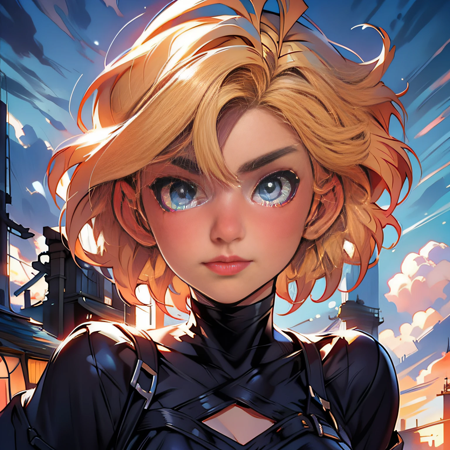 masterpiece, close up, digital paint, (Cute girl, 20 years old, blond short hair, detailed eyes ), at the top of eiffel tower in paris by Jim Lee. 1990s \(style\),