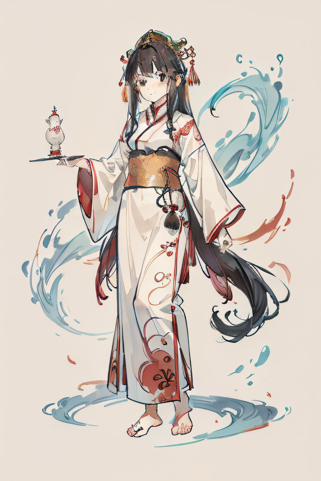 China Princess。12year old,Hanfu, shuimobysim, Traditional Chinese Ink Painting,long whitr hair,brunette color hair,ssmile。mischievous。Stand up,frontage,The barefoot,dignified,Traditional Chinese ink lines,a color