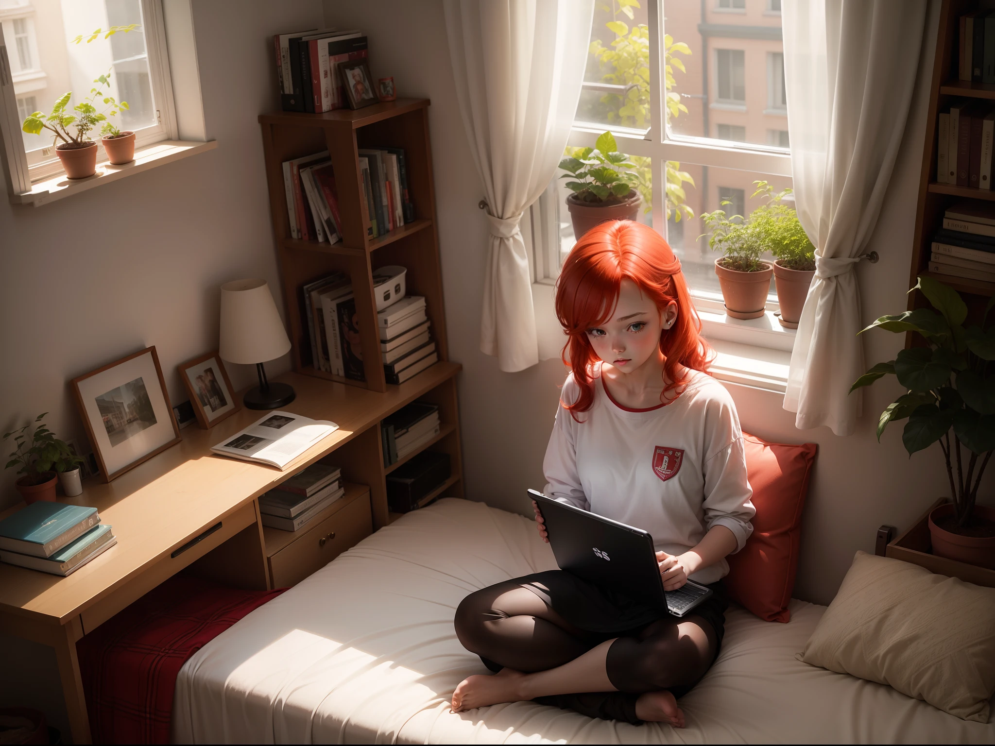 one girls, Girl with red hair, Girl with red hair sitting in a laptop on a bed, Learning on a bed by the window, Comfort, Teenager's room, Plants, Books