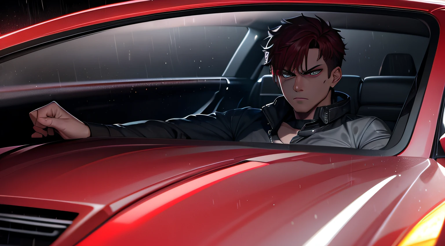 8k, masterpiece, extreme detail, expressive background, expressive clothing, male 1, red short hair, sharp gray eyes, serious face, angry expression, black tshirt, driving inside a red sports car, flashing lights bg, neon lights bg, speed of light bg, rushing lights effect, rain effects, night