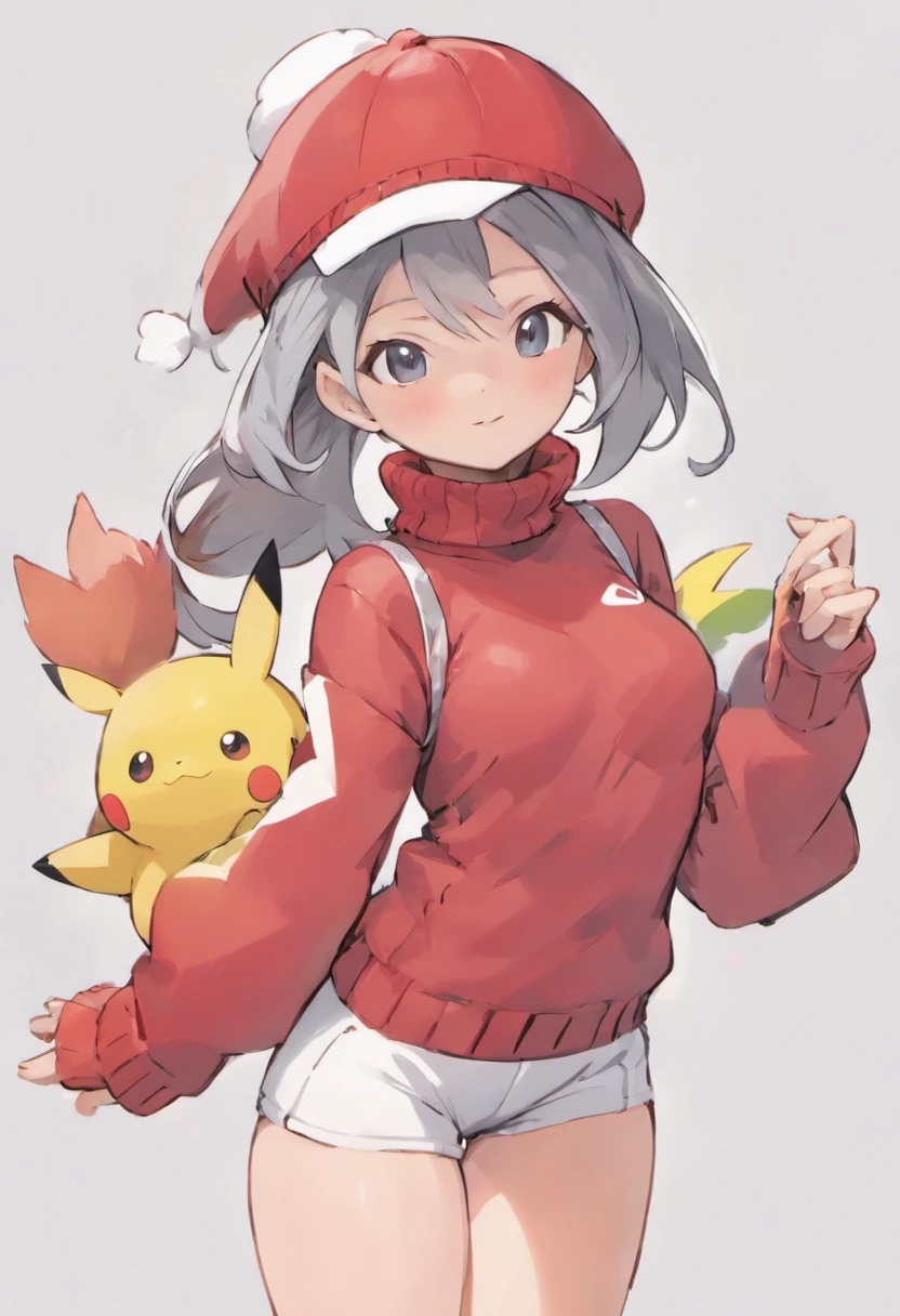 One girl、Bring your arms forward、Hand Par、Close-up of the subject's upper body、Composition of the subject seen from the front、Long sleeve red turtleneck knitted bird illustration、White shorts、Red Cap Cap、Gray ponytail、Pose with one arm thrust forward、